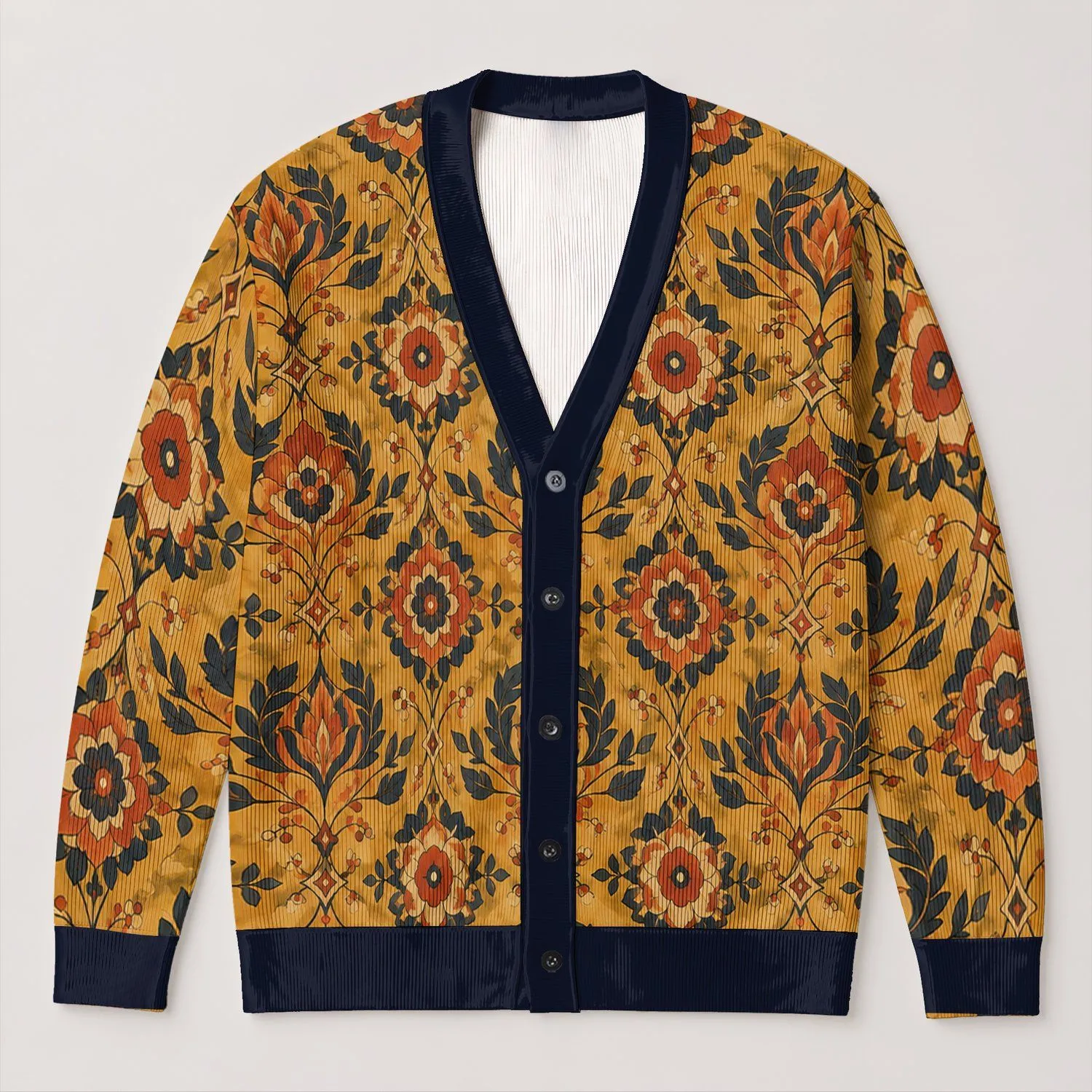 Golden Art Deco Floral Motifs for Autumn Layering, Vintage Boho Style for Women, Everyday All-over Print Knitted Cardigan - 1