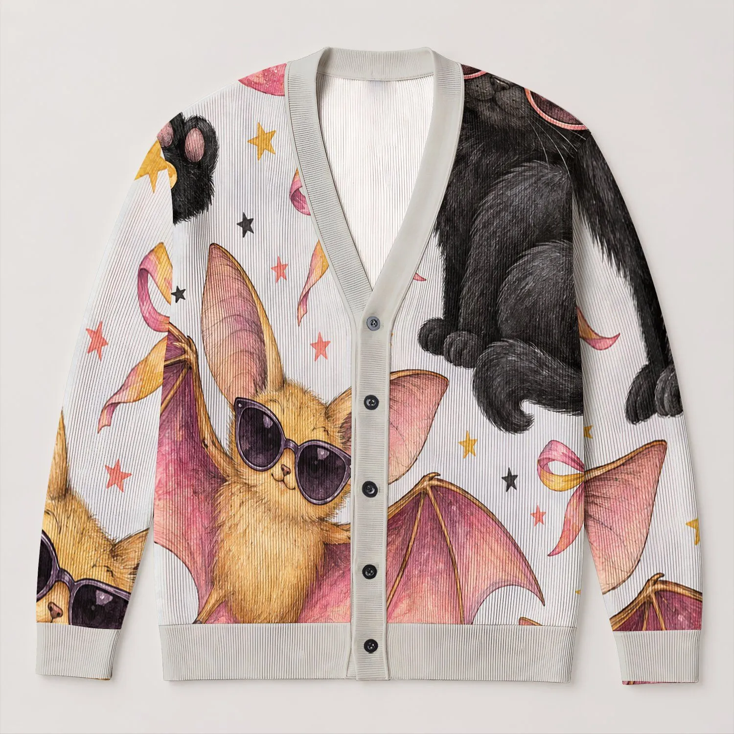 Cute Black Cat Bat Moon Bow Halloween Outfit for Women, Plus Size Gothic Fall Style All-over Print Knitted Cardigan - 1
