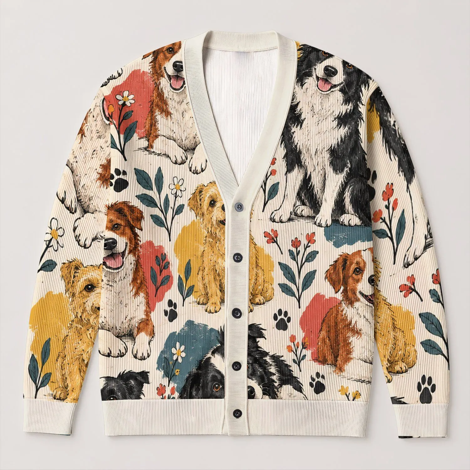 Black White Red Dog Lover Style For Cozy Spring Layering Everyday Casual Weekend Outfits All-over Print Knitted Cardigan - 1