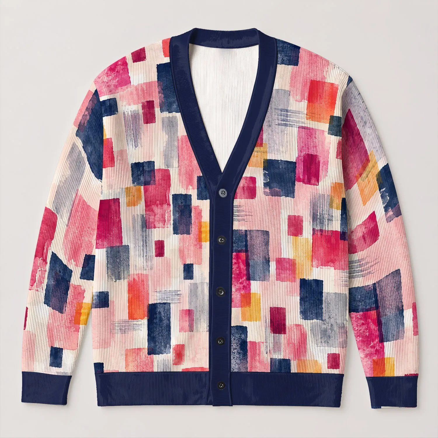 Abstract Watercolor Color Blocks for Colorful Everyday Layering and Modern Artistic Style All-over Print Knitted Cardigan - 1