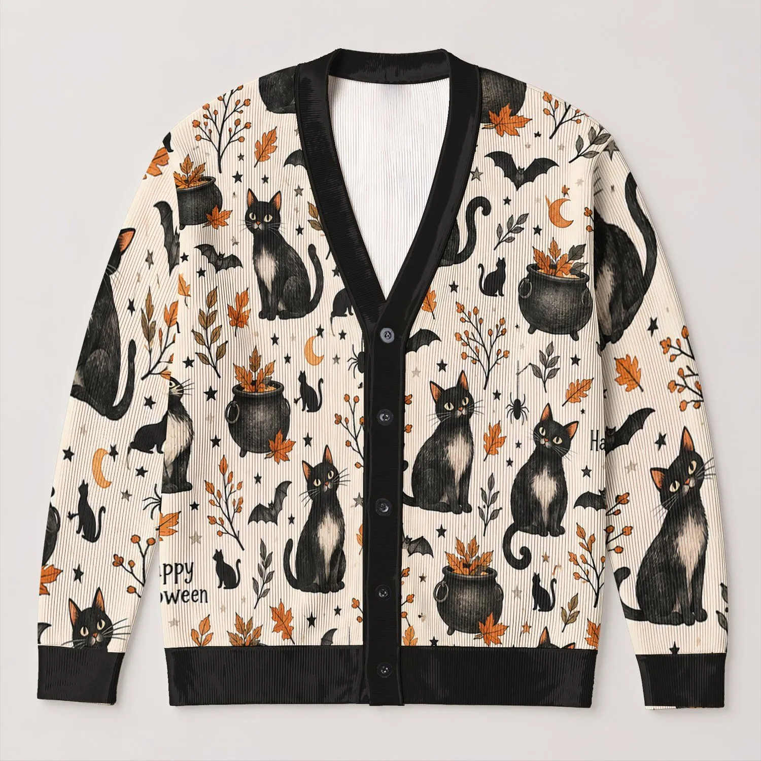 Black Cat Halloween Cauldrons For Festive Autumn Gatherings, Cozy Layers, And Parties All-over Print Knitted Cardigan - 1