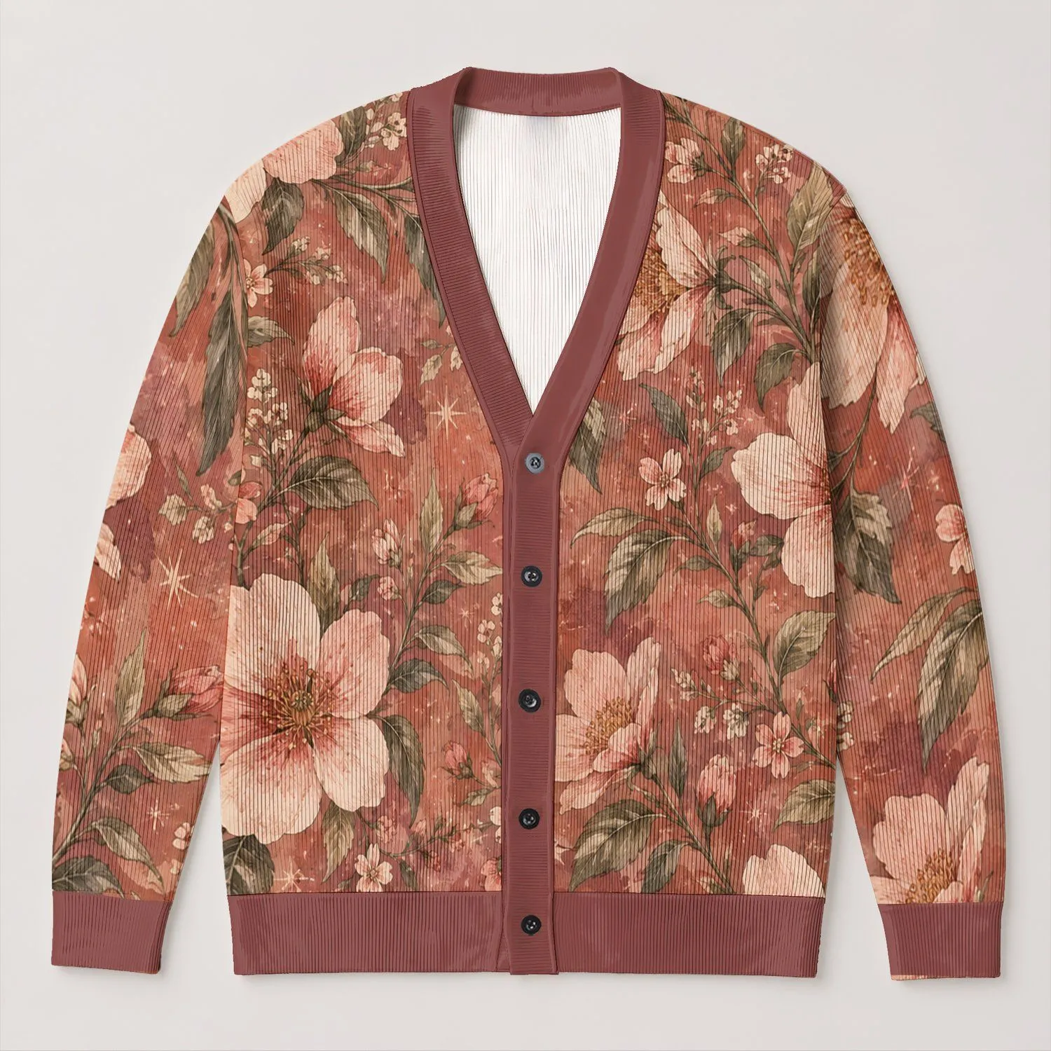 Terracotta Botanical Blossoms for Cozy Office Layers and Everyday Winter Style for Women All-over Print Knitted Cardigan - 1