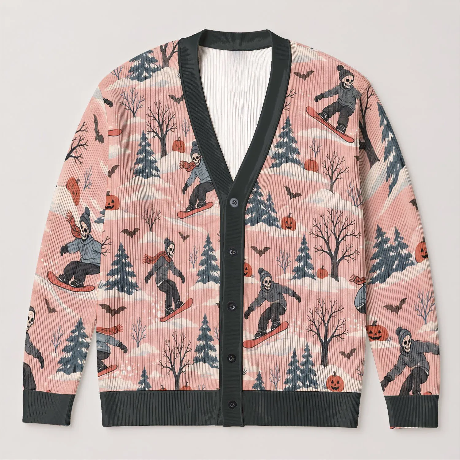 Pink Skeleton Skaters And Pumpkins For Halloween Gatherings, Women’s Festive Style All-over Print Knitted Cardigan - 1