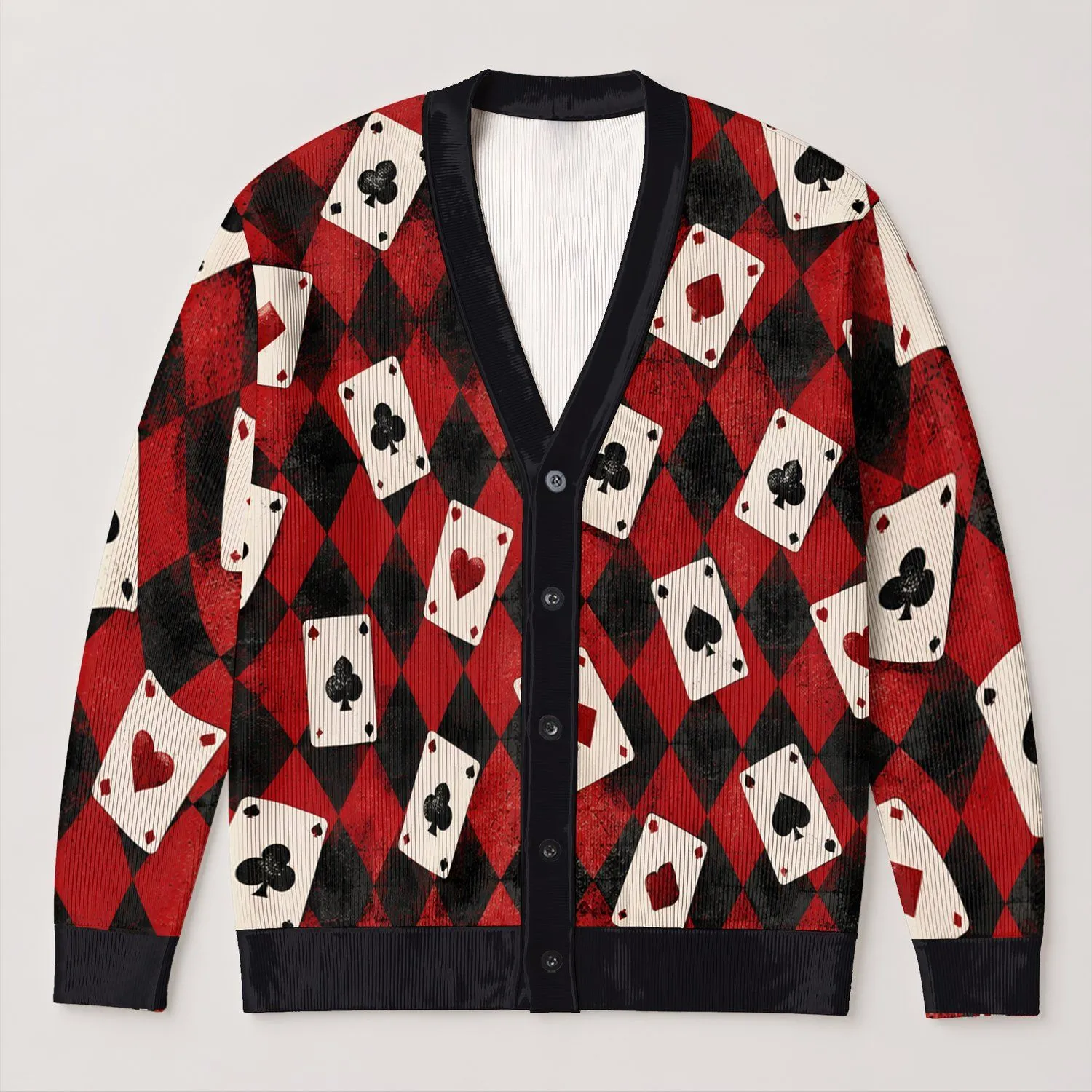 Playing Card Hearts And Spades Style For Game Nights And Casual Weekend Layering At Home All-over Print Knitted Cardigan - 1
