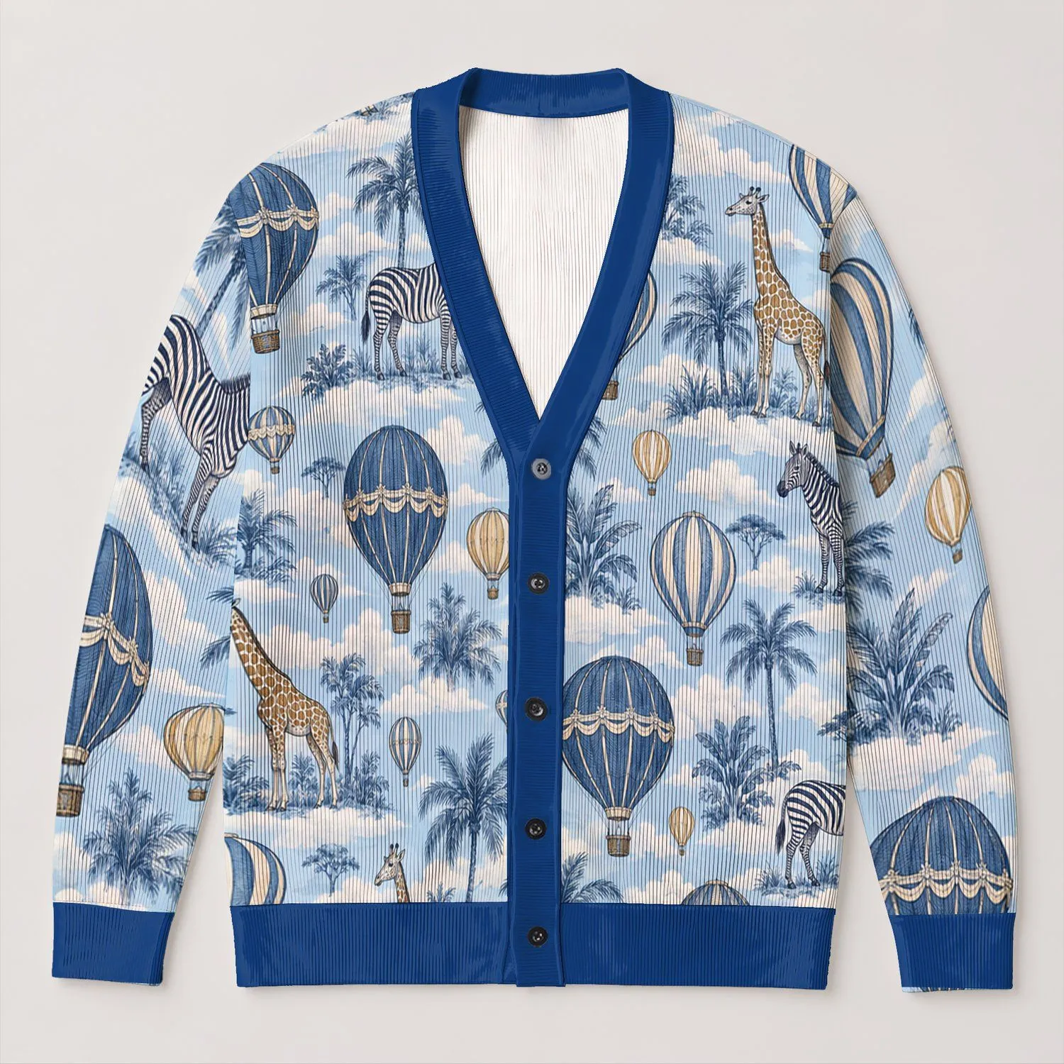 Hot Air Balloons, Zebras And Giraffes For Whimsical Spring Everyday Layering Women All-over Print Knitted Cardigan - 1