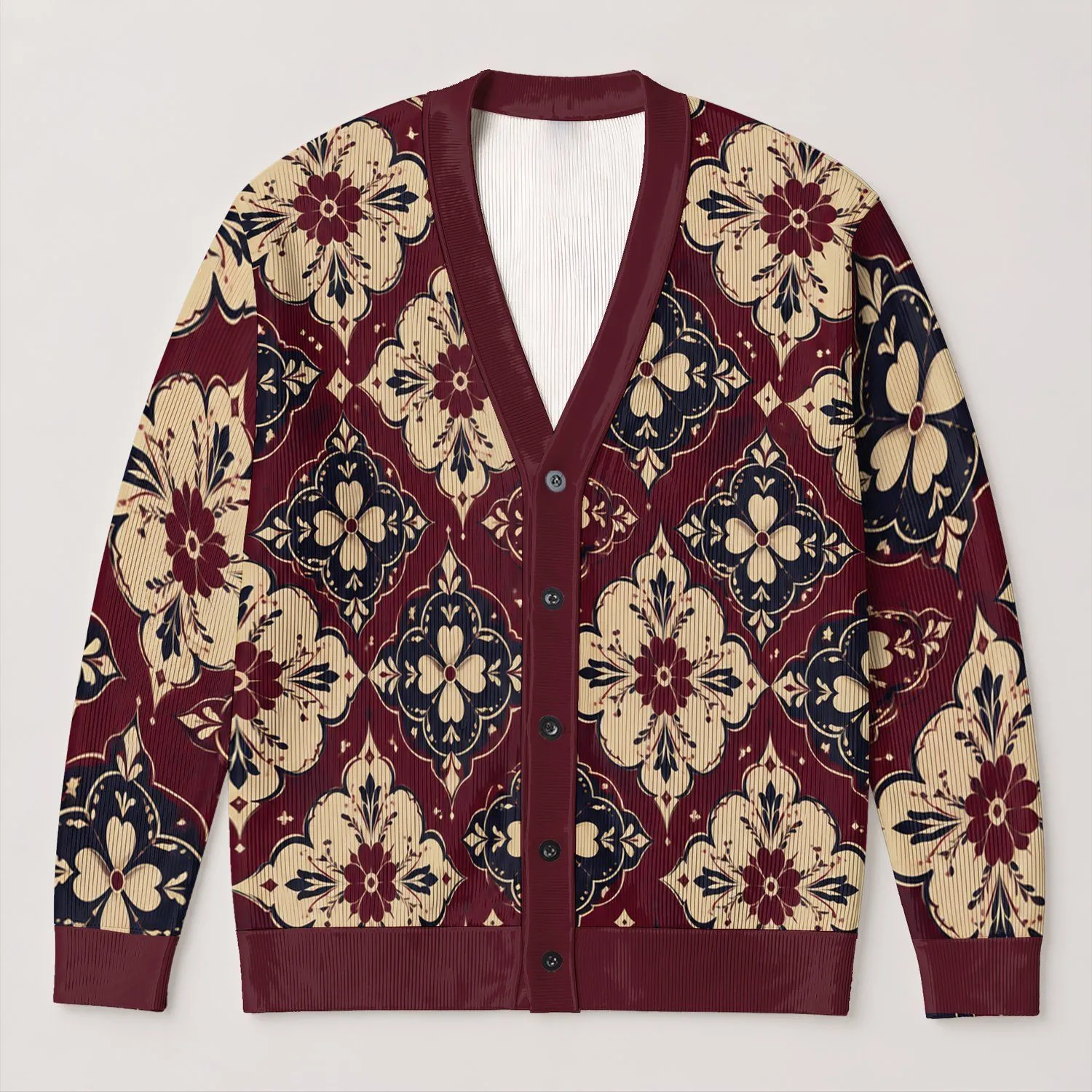 Burgundy Cream Medallion Florals for Cozy Fall Layering, Women's Plus Size Style All-over Print Knitted Cardigan - 1