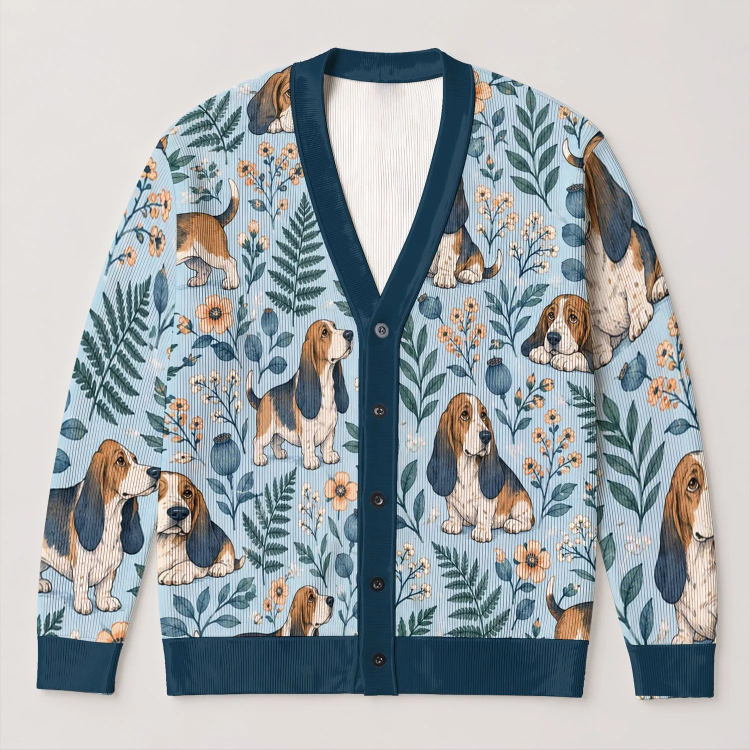 Basset Hound Garden Companions for Cozy Fall Walks and Everyday Layering Dog Lovers All-over Print Knitted Cardigan - 1