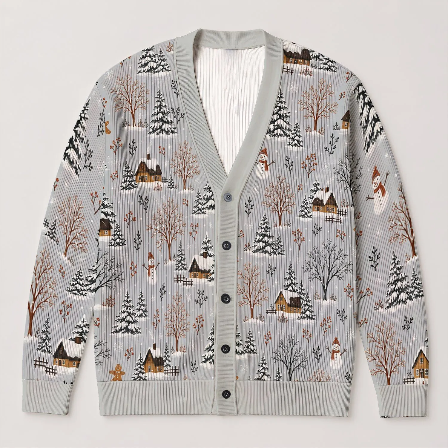 Snowy Cabin Forest with Bare Trees for Cozy Holiday Layering Women's Winter Style All-over Print Knitted Cardigan - 1