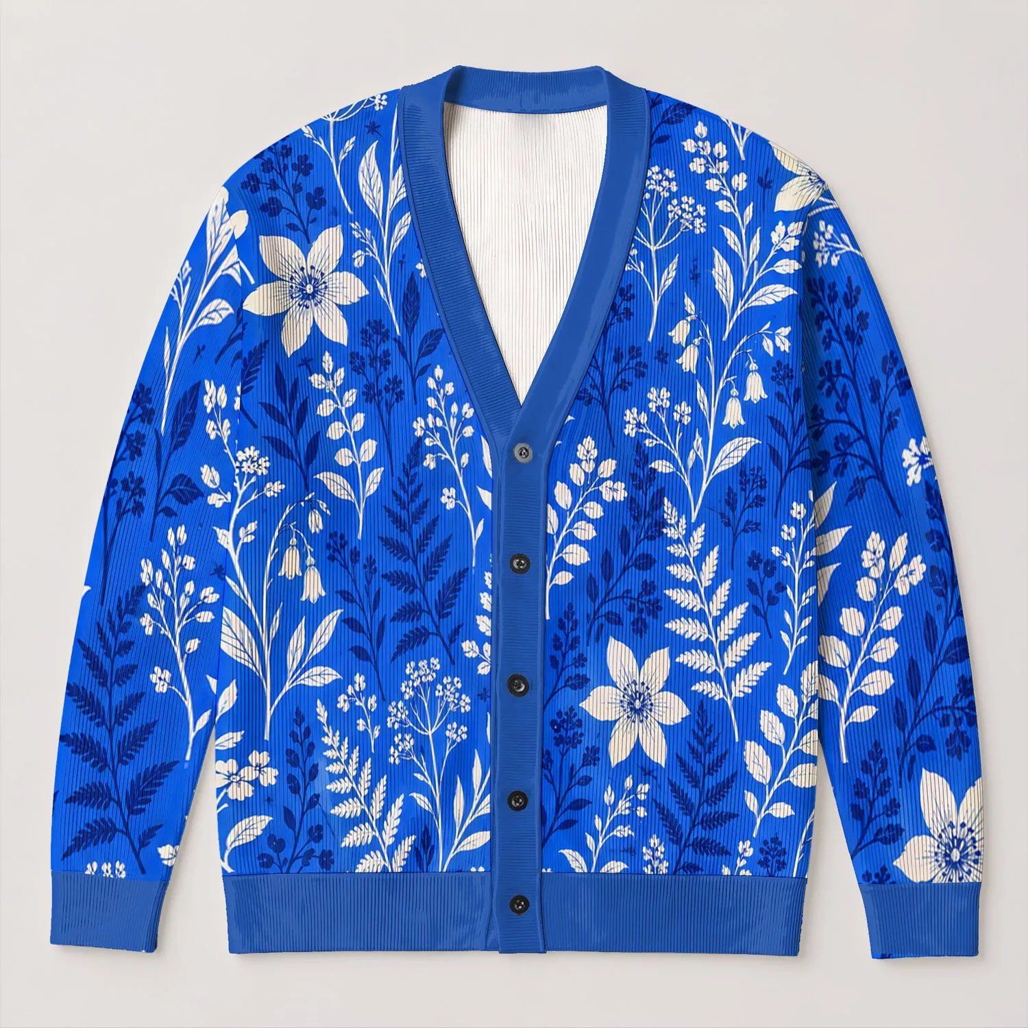 Royal Blue Botanical Leaves for Office Style and Autumn Layering, Women’s Gift Idea All-over Print Knitted Cardigan - 1