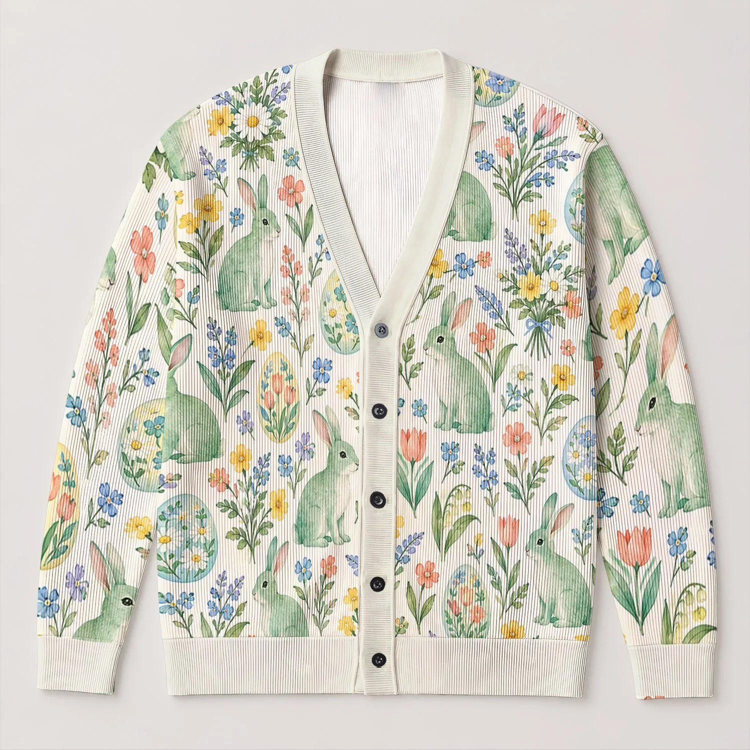 Mint Bunny Meadow Florals For Spring Layering, Easter Gatherings And Casual Weekends All-over Print Knitted Cardigan - 1