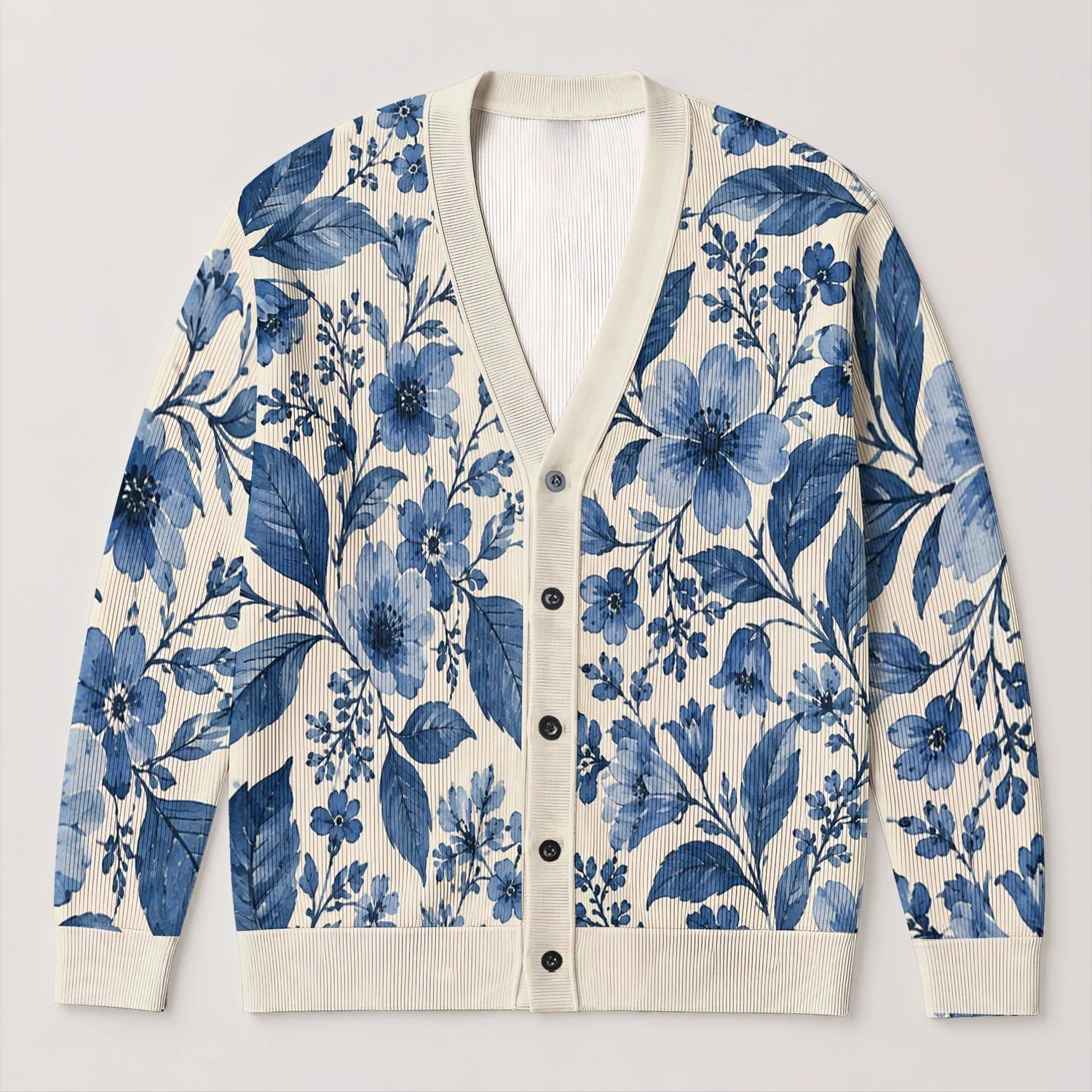 Elegant Blue Botanical Blooms for Resort Evenings and Casual Weekend Layering for Women All-over Print Knitted Cardigan - 1