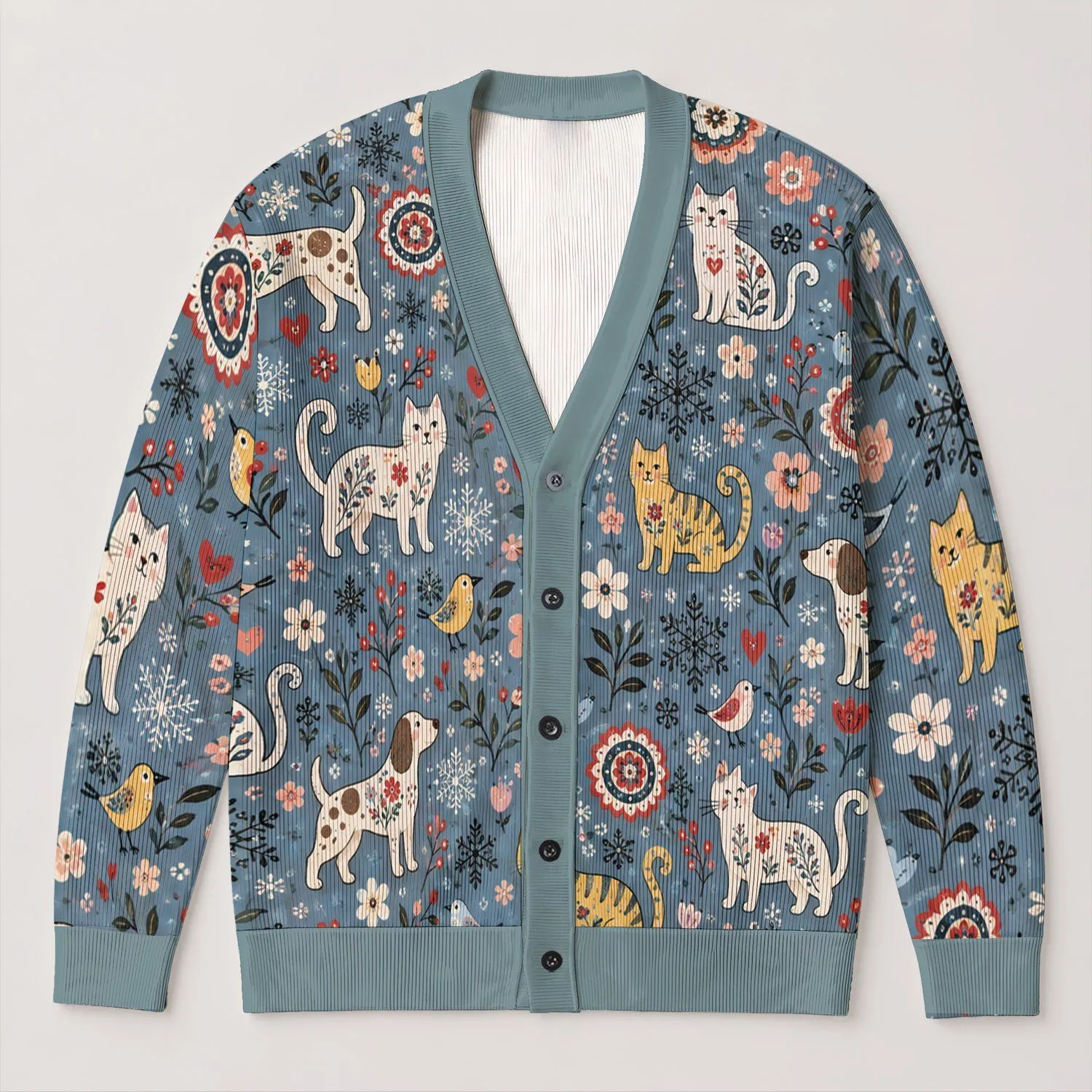 Cute Cat And Dog Motifs For Cozy Everyday Layering, Women's Casual Animal Lover Style All-over Print Knitted Cardigan - 1