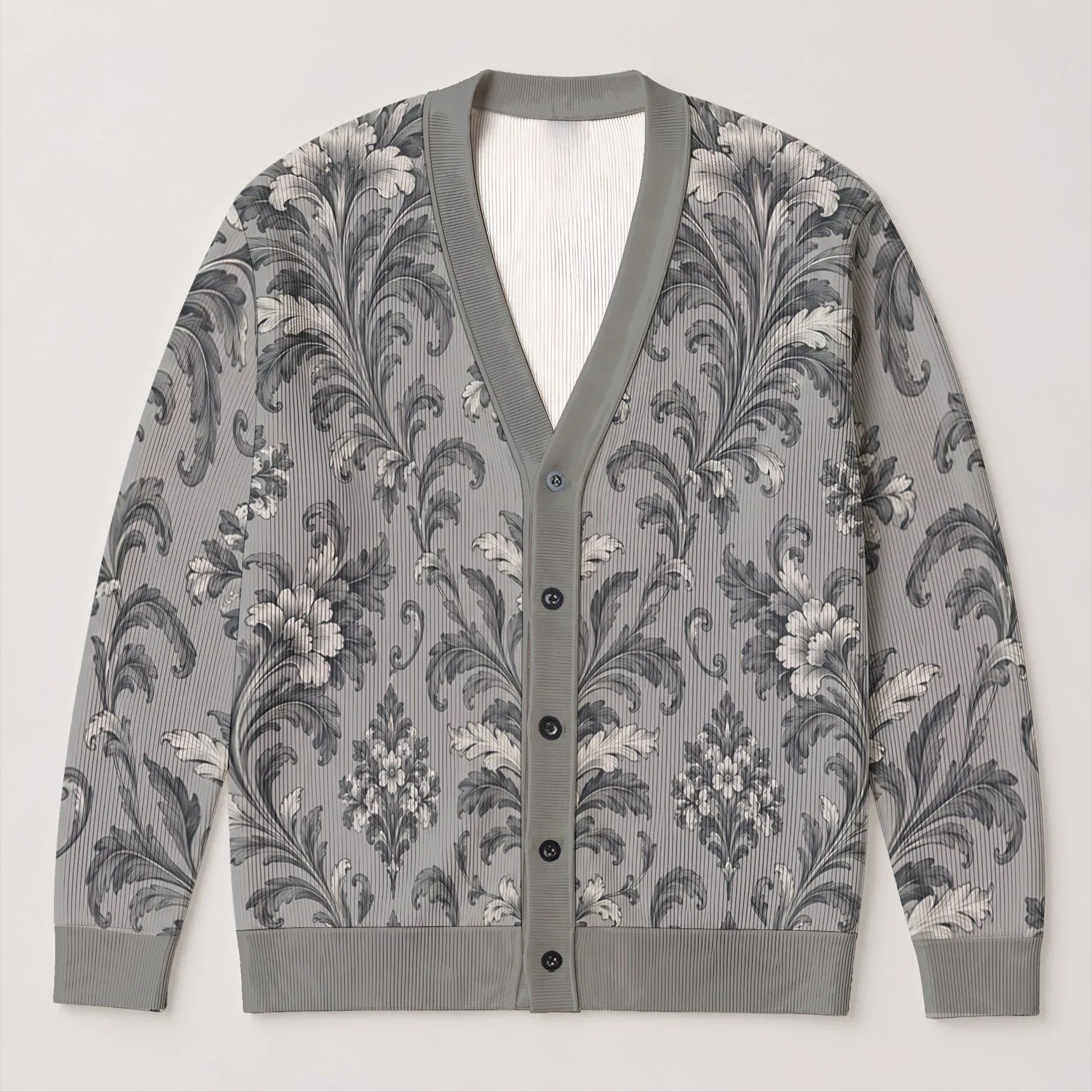 Monochrome Floral Damask Motifs for Elegant Autumn Layering and Everyday Women's Wear All-over Print Knitted Cardigan - 1
