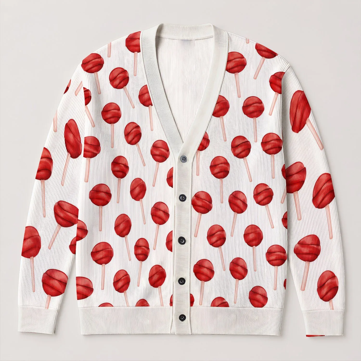 Red Lollipop Motifs for Sweet Everyday Layering and Party Outings, All-Season Style All-over Print Knitted Cardigan - 1