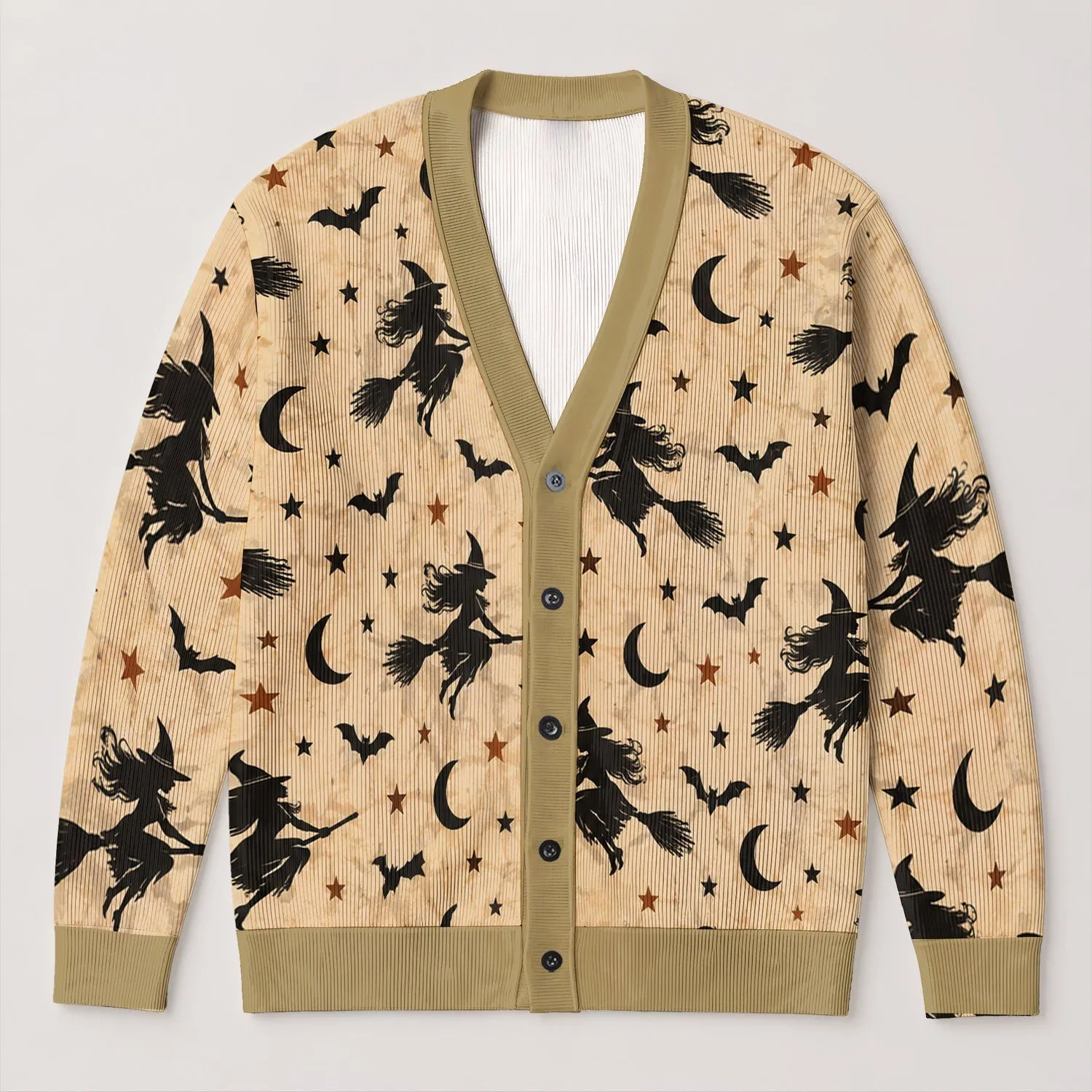 Witch Brooms, Bats And Moons For Halloween Parties And Autumn Layering Women’s Gift All-over Print Knitted Cardigan - 1