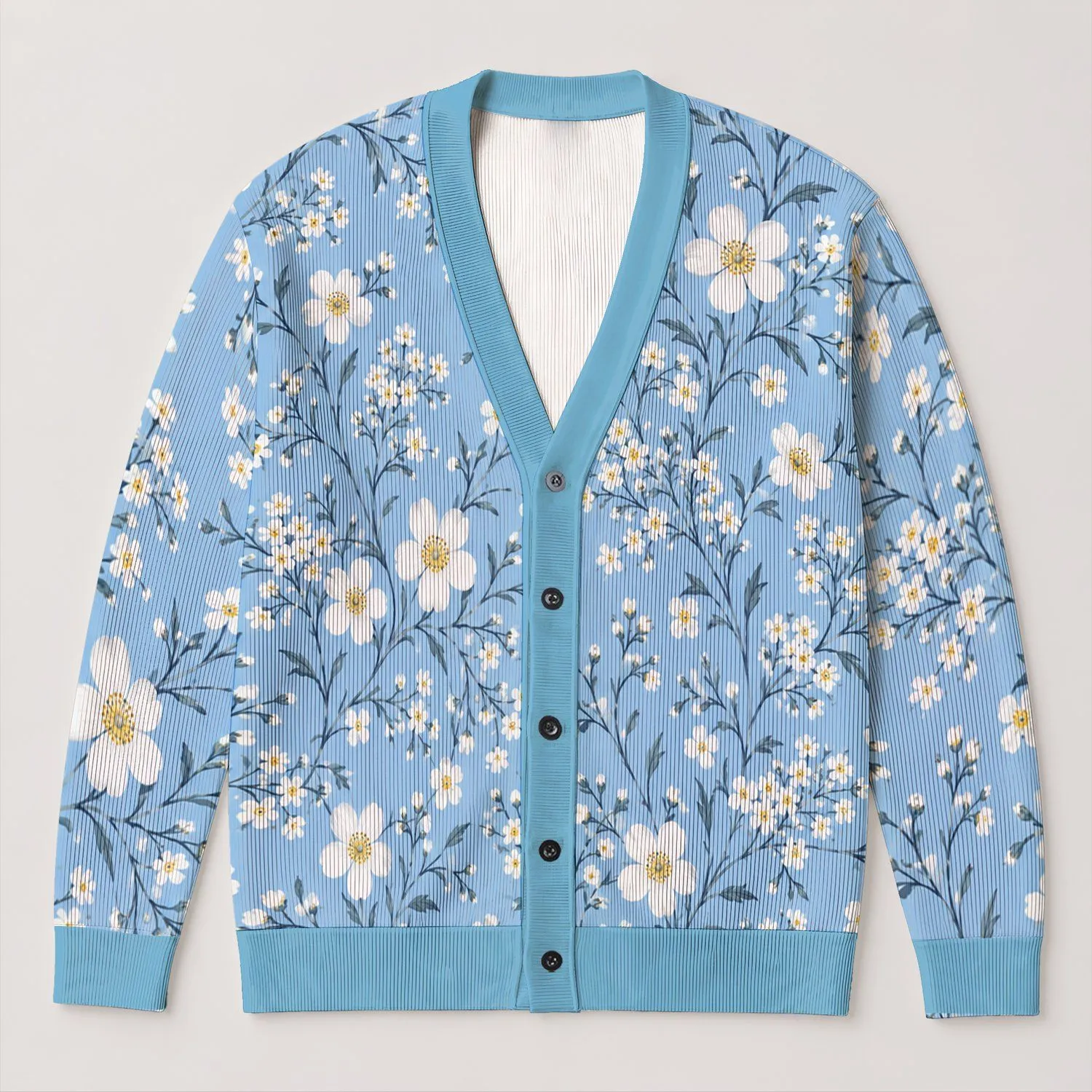White Wildflower Blossoms on Soft Blue for Everyday Layering, Casual Feminine Style All-over Print Knitted Cardigan - 1
