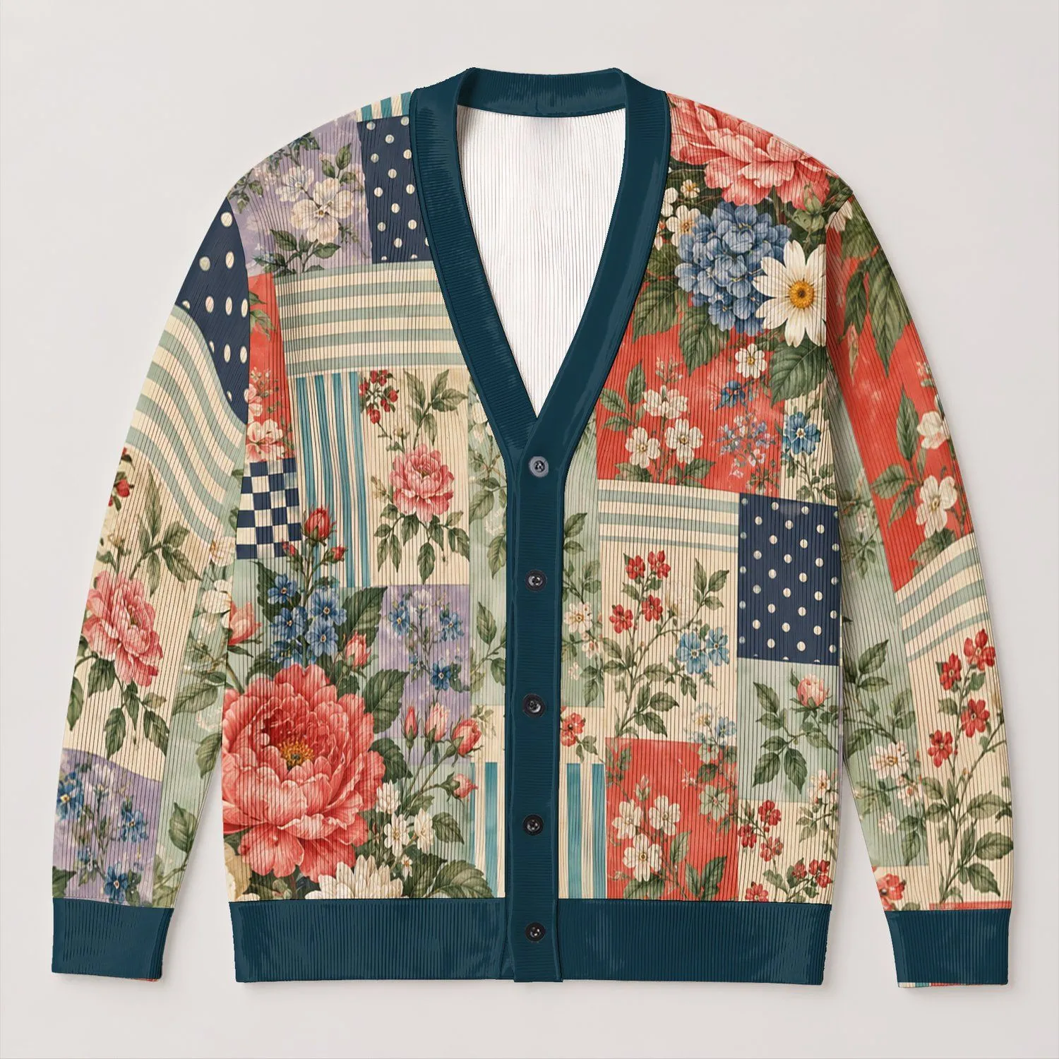 Floral Patchwork Blooms For Relaxed Autumn Outings And Everyday Layering Style Ensemble All-over Print Knitted Cardigan - 1