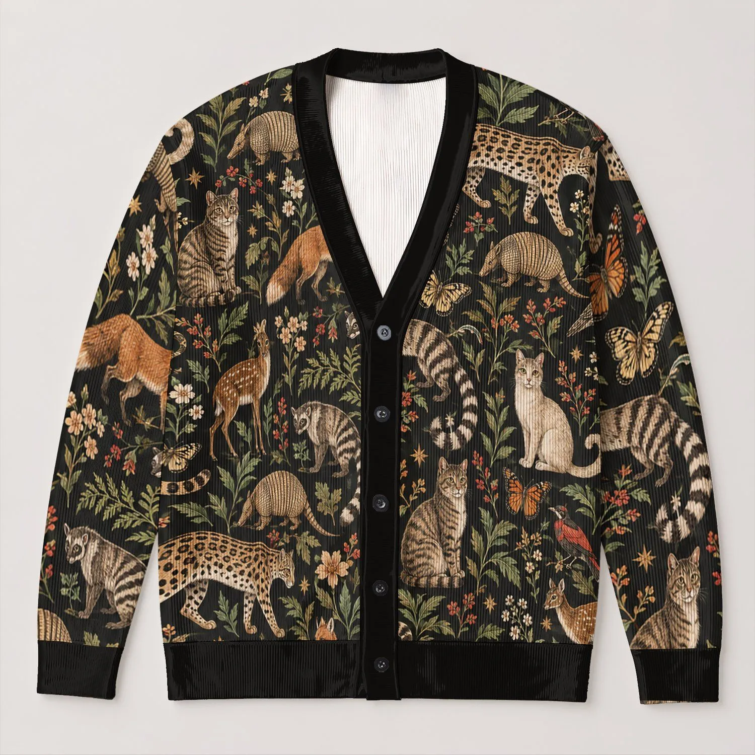 Vintage Wild Cat Menagerie for Autumn Layering, Nature Lovers, and Everyday Style All-over Print Knitted Cardigan - 1
