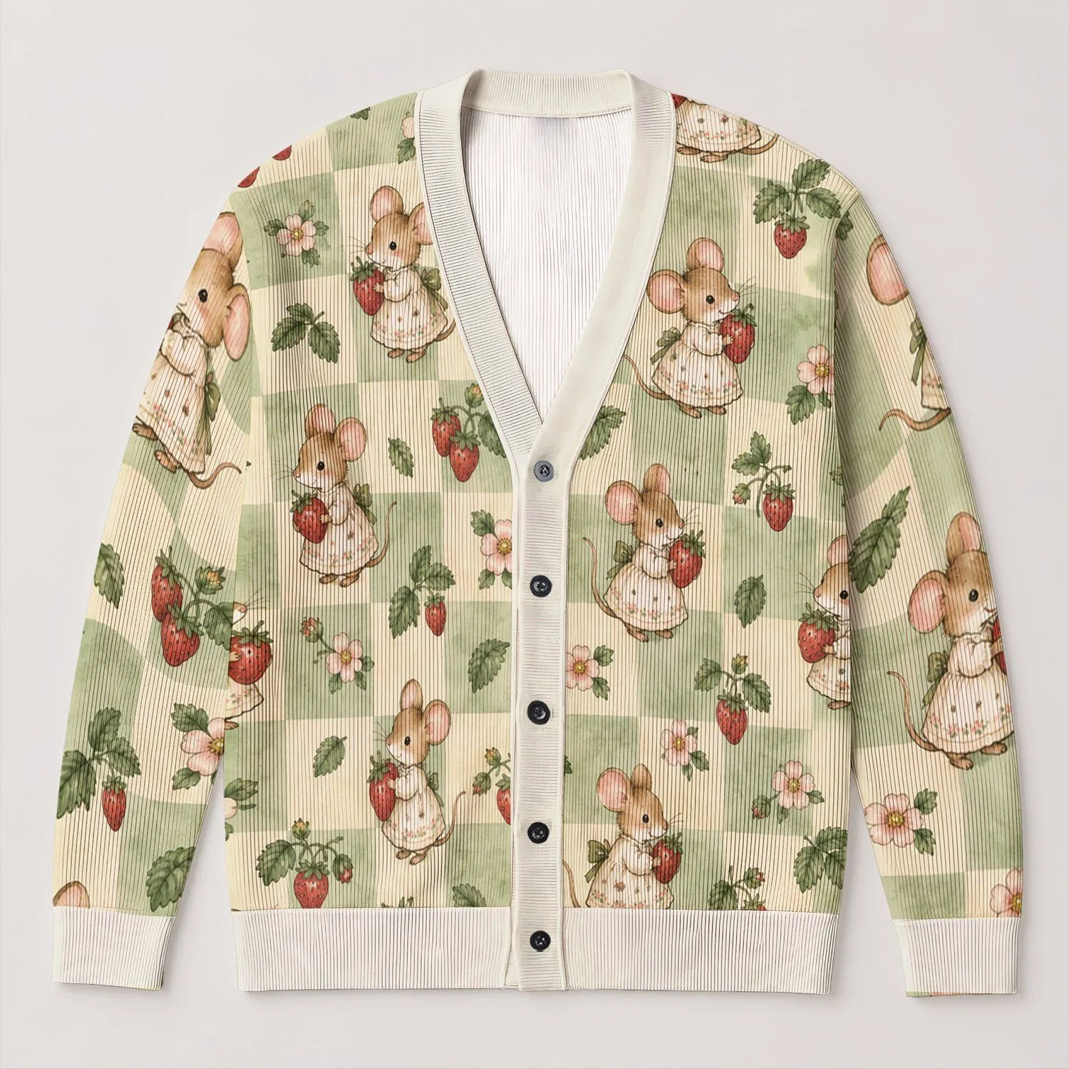 Strawberry Mouse Garden for Cozy Cottage Days and Spring Layering, Women’s Style All-over Print Knitted Cardigan - 1