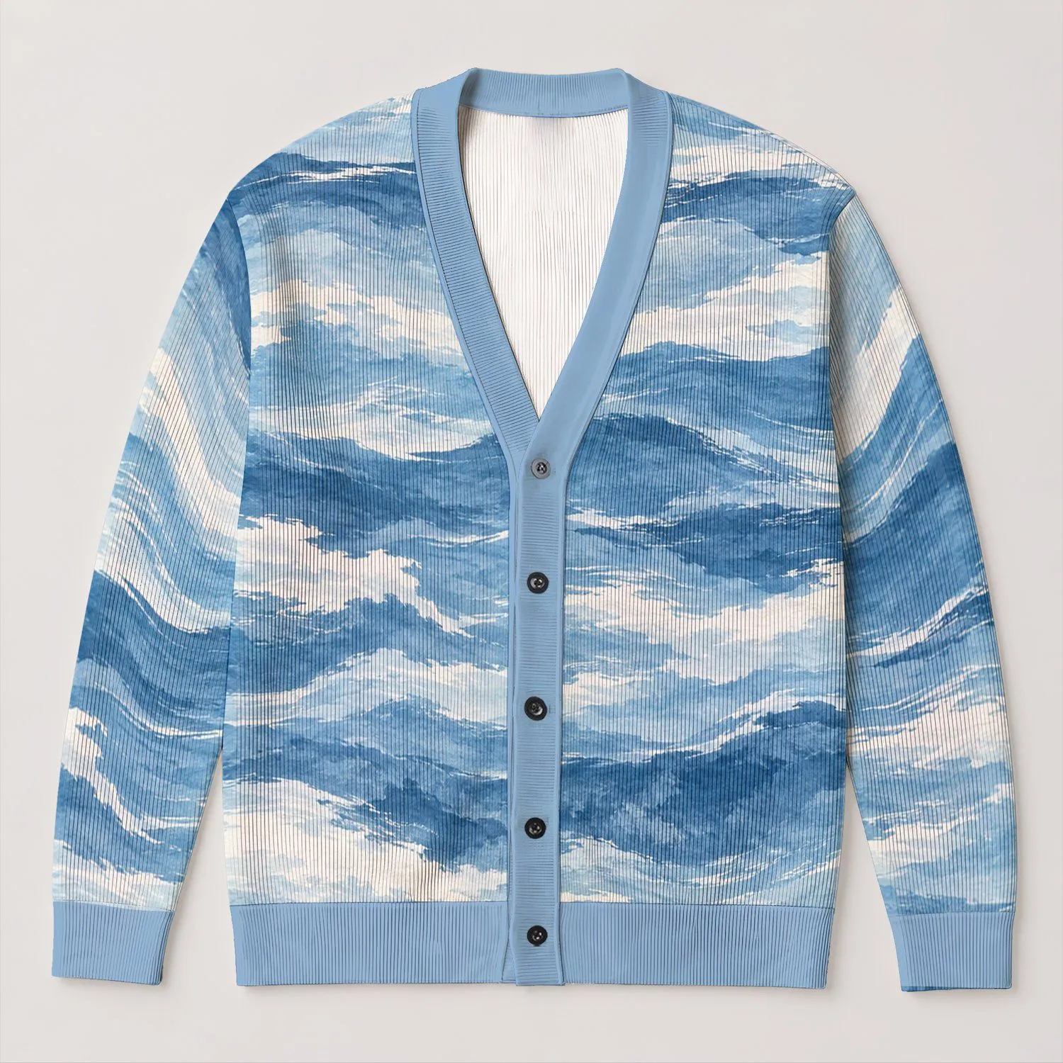 Blue White Ocean Waves and Clouds for Relaxed Layering and Casual Winter Style Women All-over Print Knitted Cardigan - 1