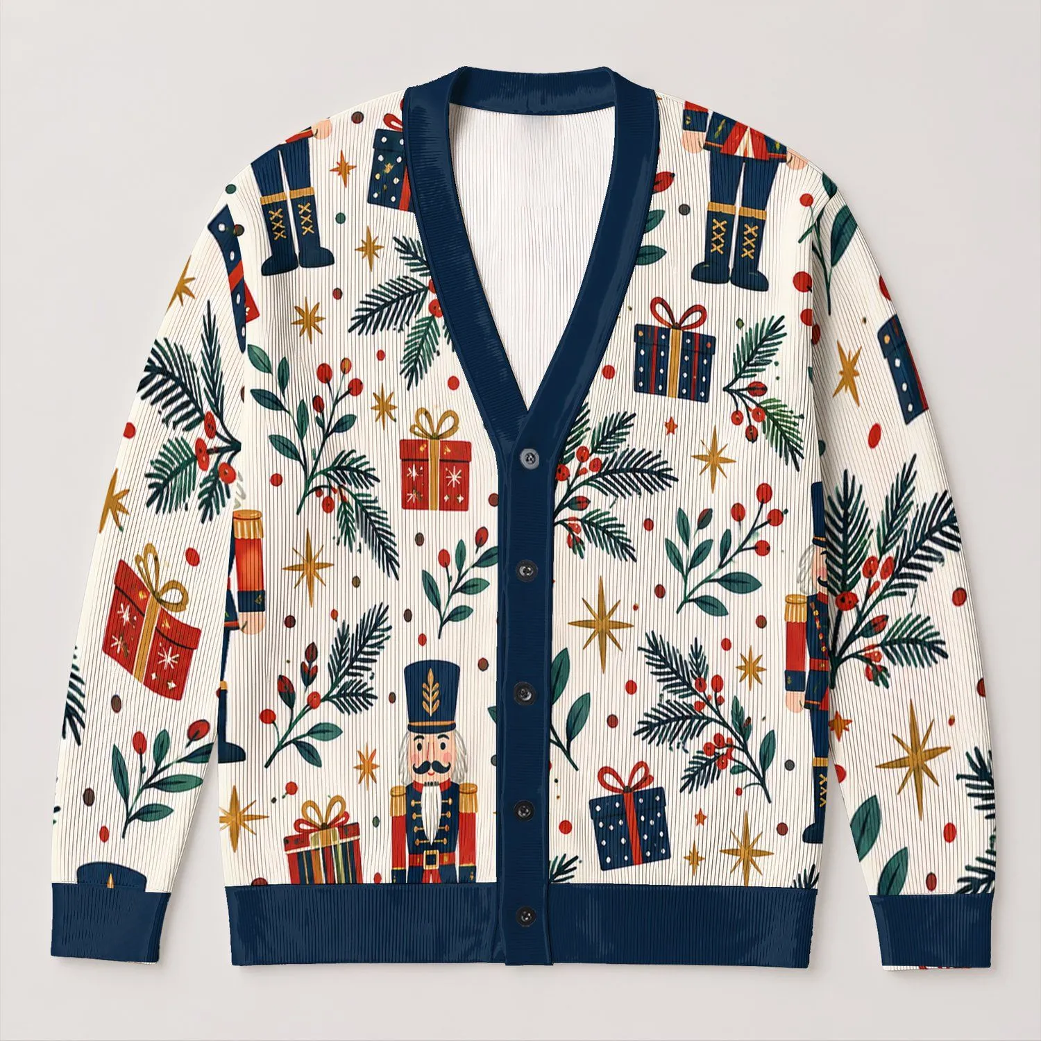 Nutcracker Soldiers And Pine Sprigs For Holiday Celebrations And Winter Layering All-over Print Knitted Cardigan - 1