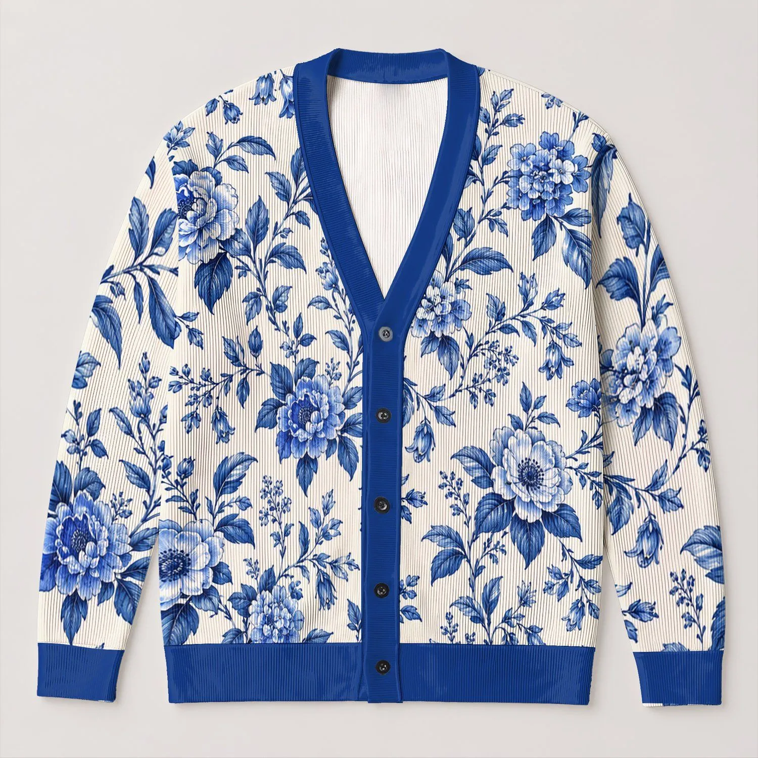 Blue Botanical Floral Motif for Winter Layering, Casual Outings, and Family Gatherings All-over Print Knitted Cardigan - 1