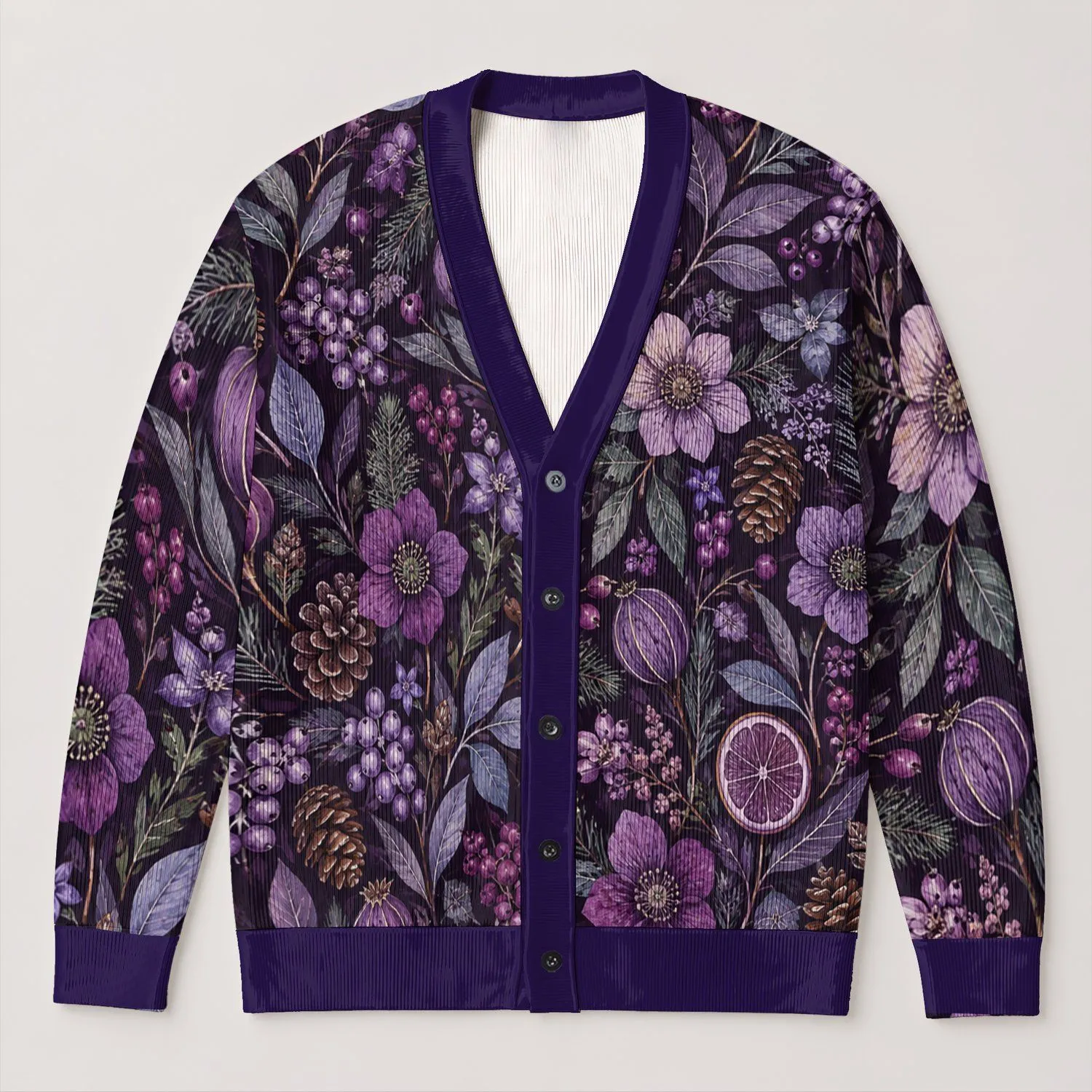 Purple Botanical Winter Florals for Cozy Layering and Festive Seasonal Style Wear All-over Print Knitted Cardigan - 1