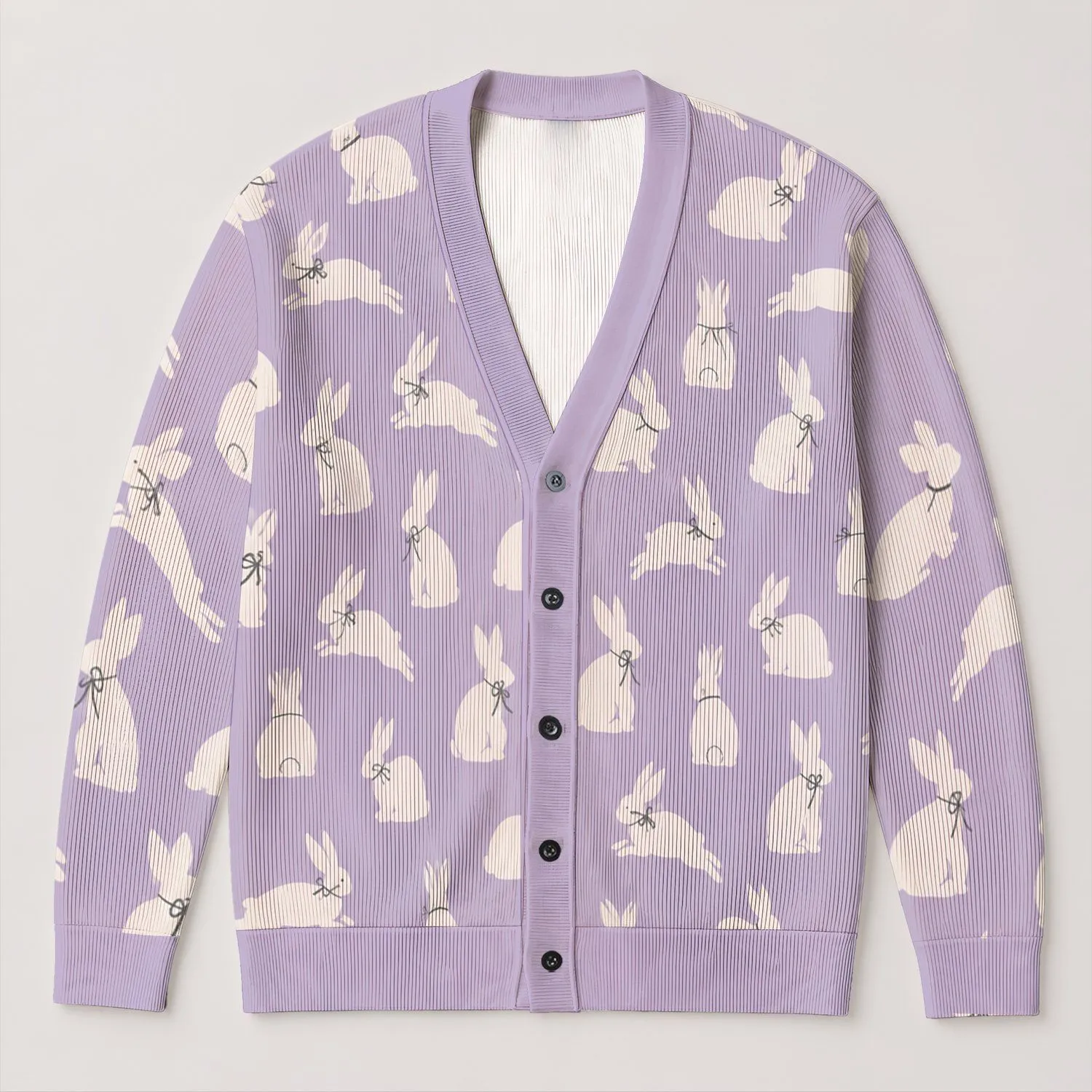 White Rabbit Easter Motifs for Spring Layering, Women’s Pastel Holiday Style All-over Print Knitted Cardigan - 1