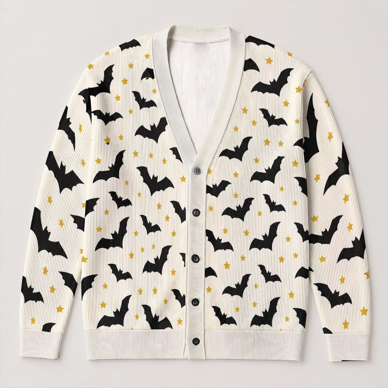 Black Bat And Golden Star Night Sky Motif For Halloween Layering, Women’s Casual Style All-over Print Knitted Cardigan - 1
