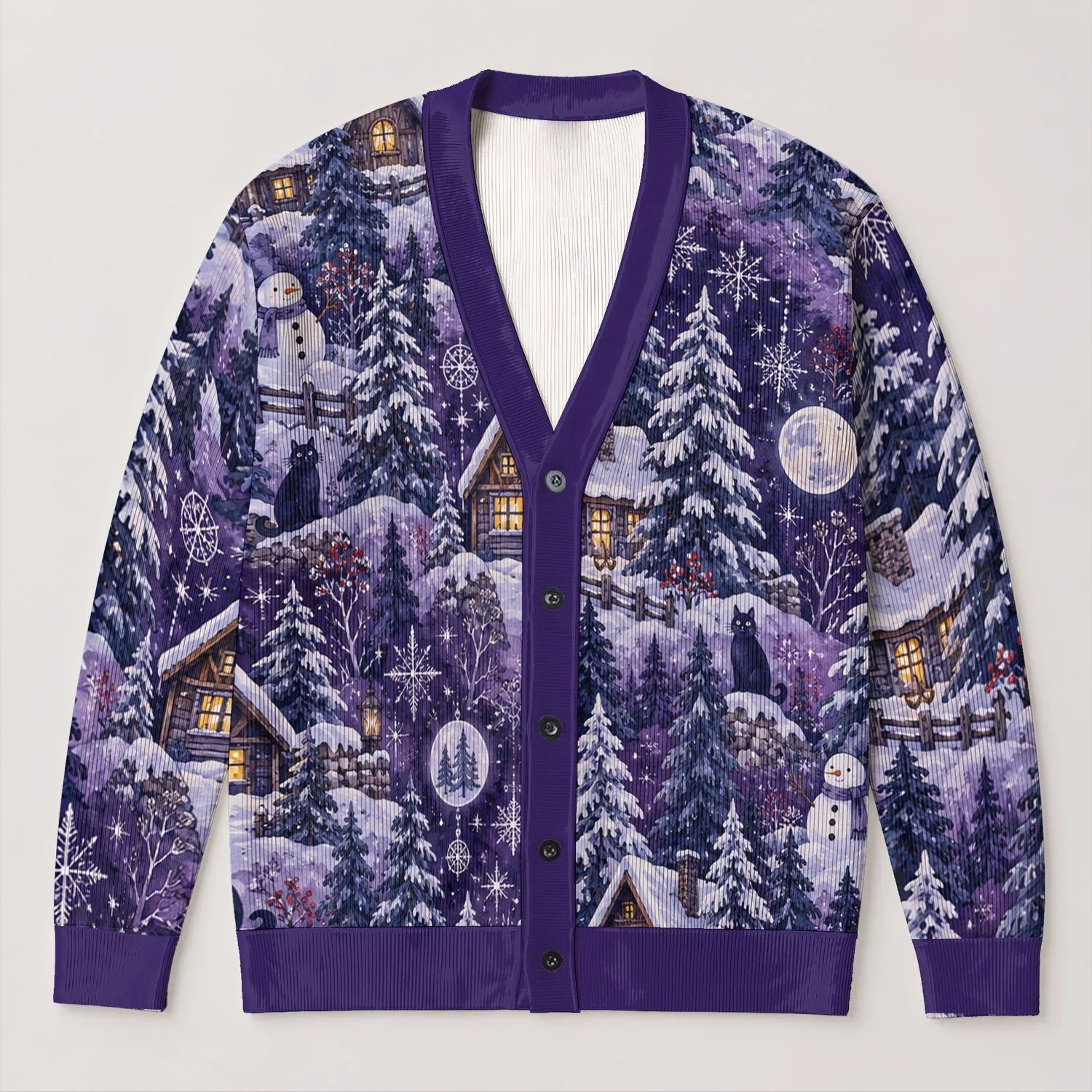 Snowy Purple Village Cats And Pines For Cozy Holiday Layering And Winter Outings All-over Print Knitted Cardigan - 1