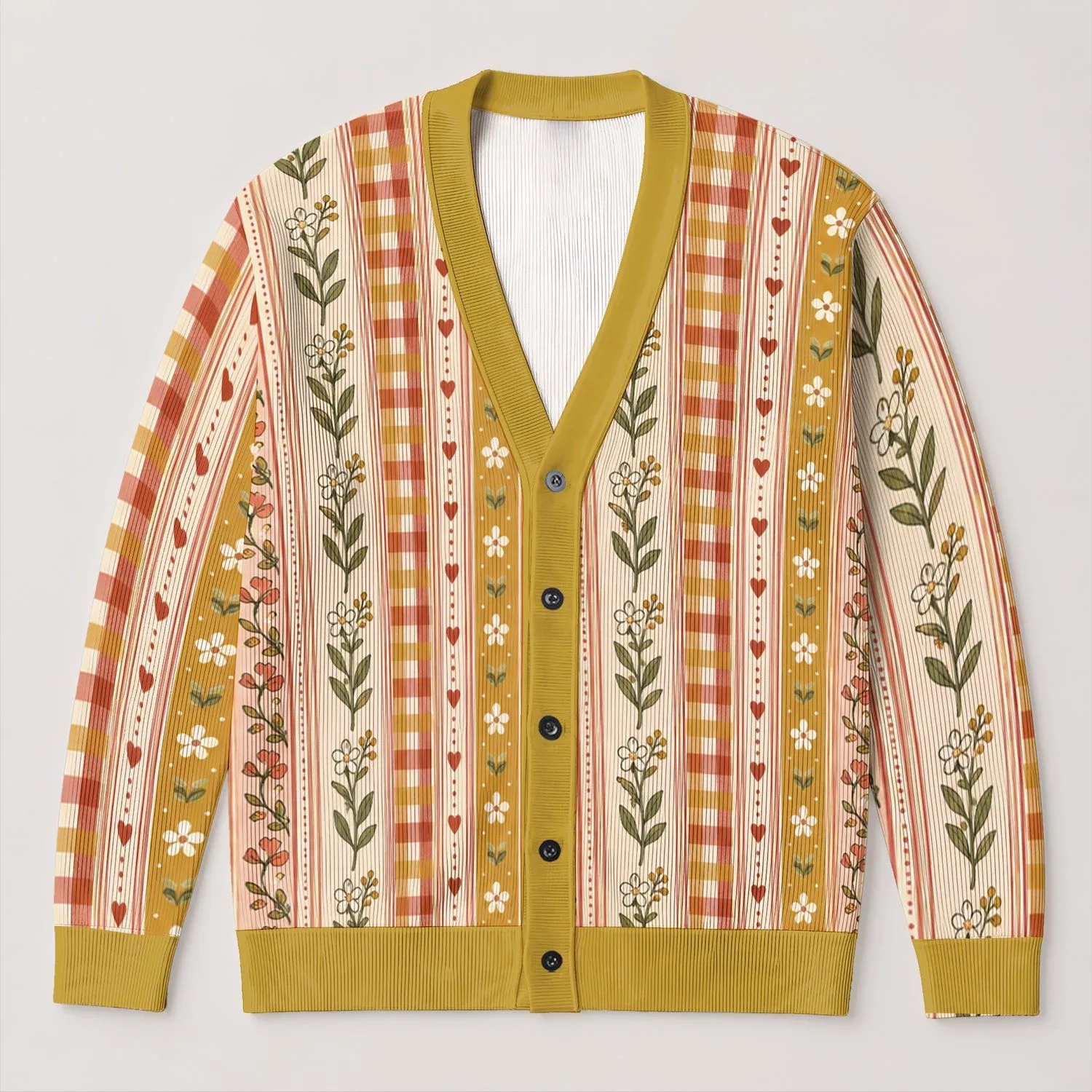Vintage Floral Stripe Motif For Relaxed Everyday Layering And Bohemian Office Style All-over Print Knitted Cardigan - 1