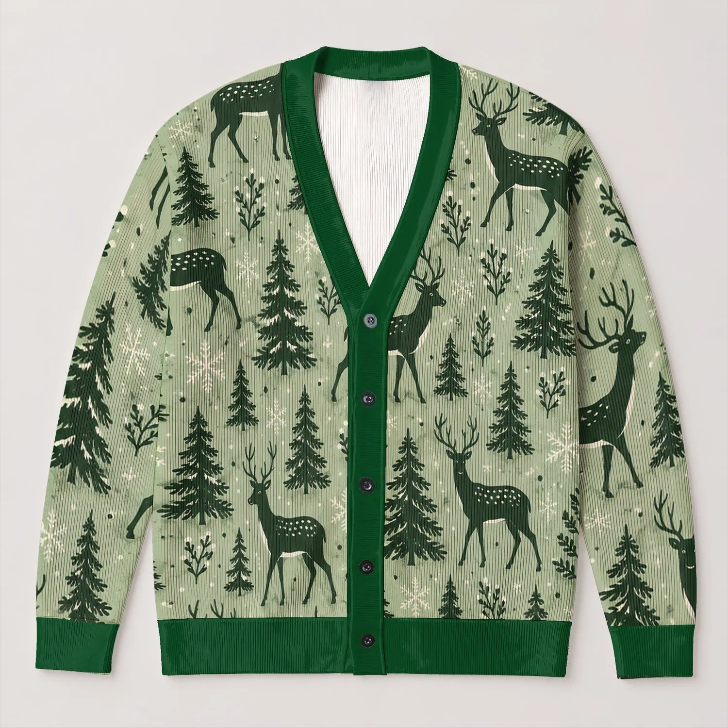 Green Deer Christmas Trees Snowflake Holiday Style for Women and Festive Gatherings All-over Print Knitted Cardigan - 1