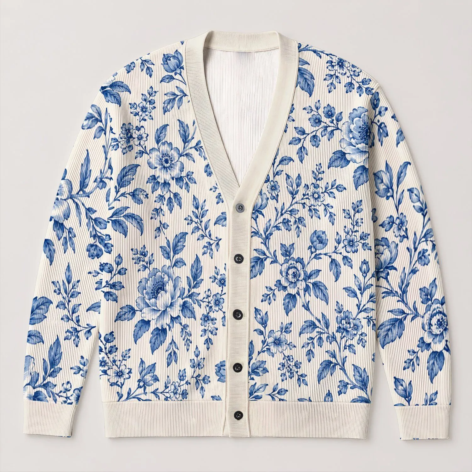 Blue Botanical Florals for Elegant Autumn Layering and Everyday Women's Classic Style All-over Print Knitted Cardigan - 1