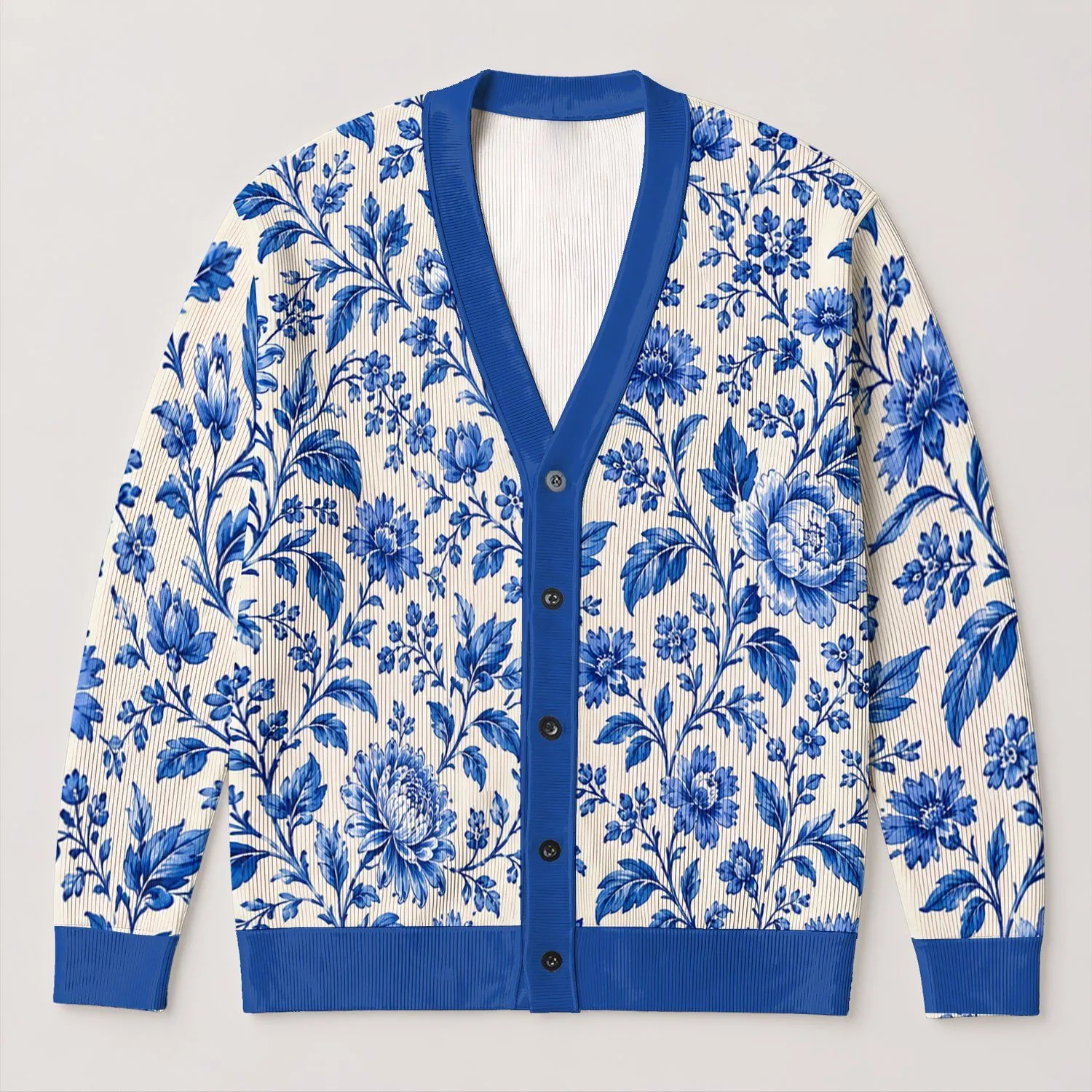 Blue And White Floral Botanical Style For Winter Layering And Everyday Casual Wear All-over Print Knitted Cardigan - 1