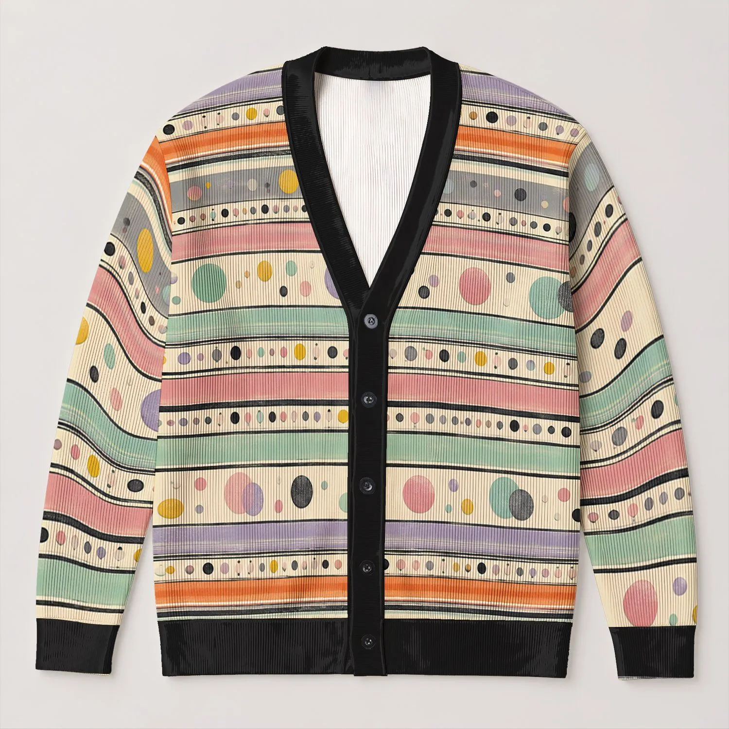 Retro Pastel Stripes And Polka Dots For Colorful Spring Layering, Women’s Casual Style All-over Print Knitted Cardigan - 1