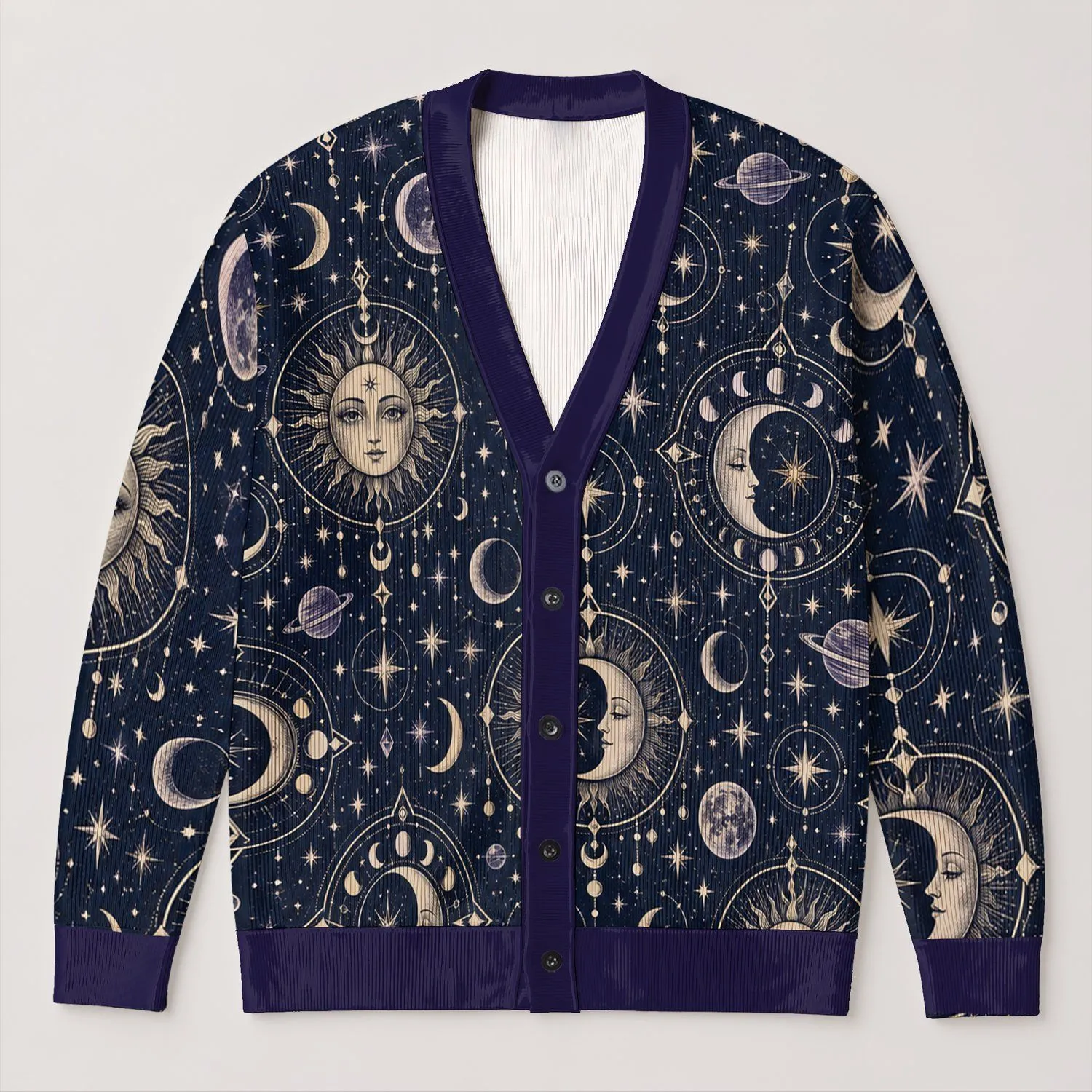 Celestial Moon And Sun Motifs For Dark Academia Autumn Layering, Plus Size Style All-over Print Knitted Cardigan - 1