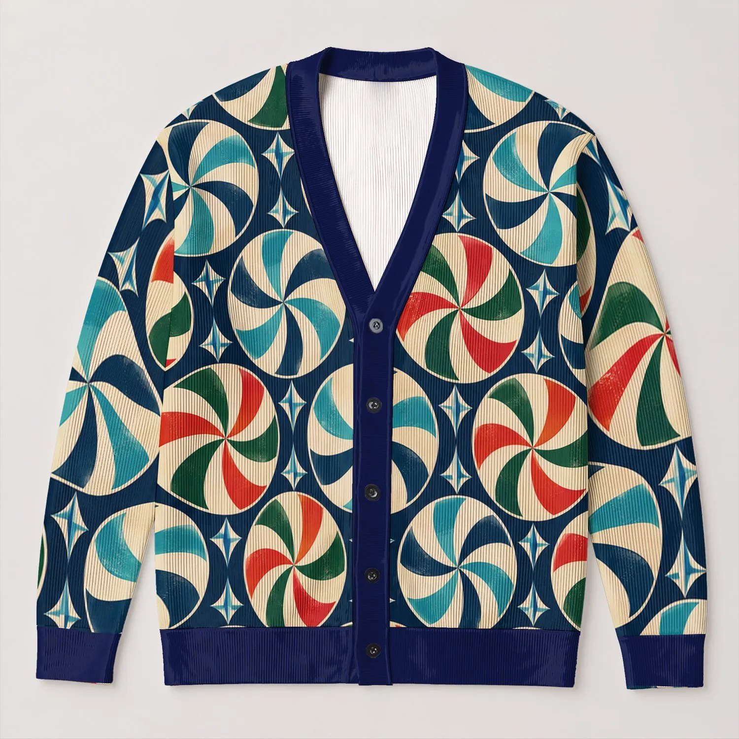 Retro Geometric Pinwheel Motif for Colorful Everyday Layering, Women’s Plus Size Style All-over Print Knitted Cardigan - 1