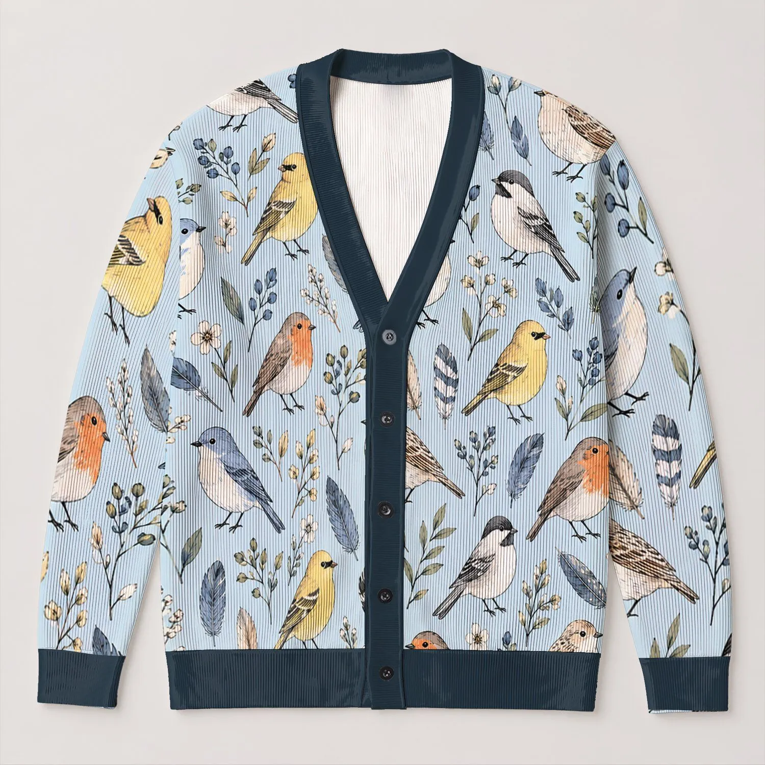 Hand-Drawn Songbirds and Feathers for Cozy Everyday Layering and Nature-Loving Women All-over Print Knitted Cardigan - 1