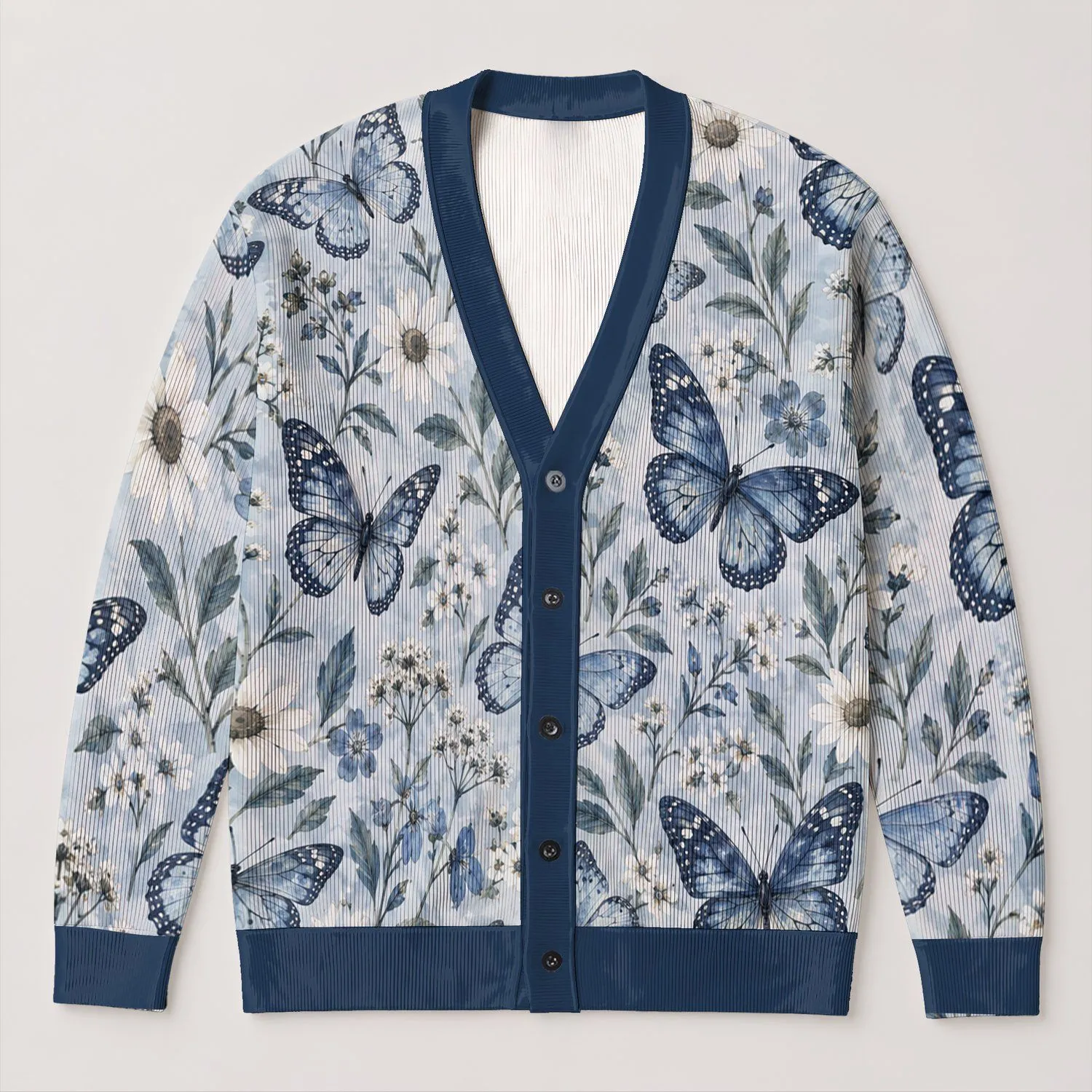 Blue Butterfly Wildflower Motifs for Relaxed Spring Layering Women’s Casual Style All-over Print Knitted Cardigan - 1