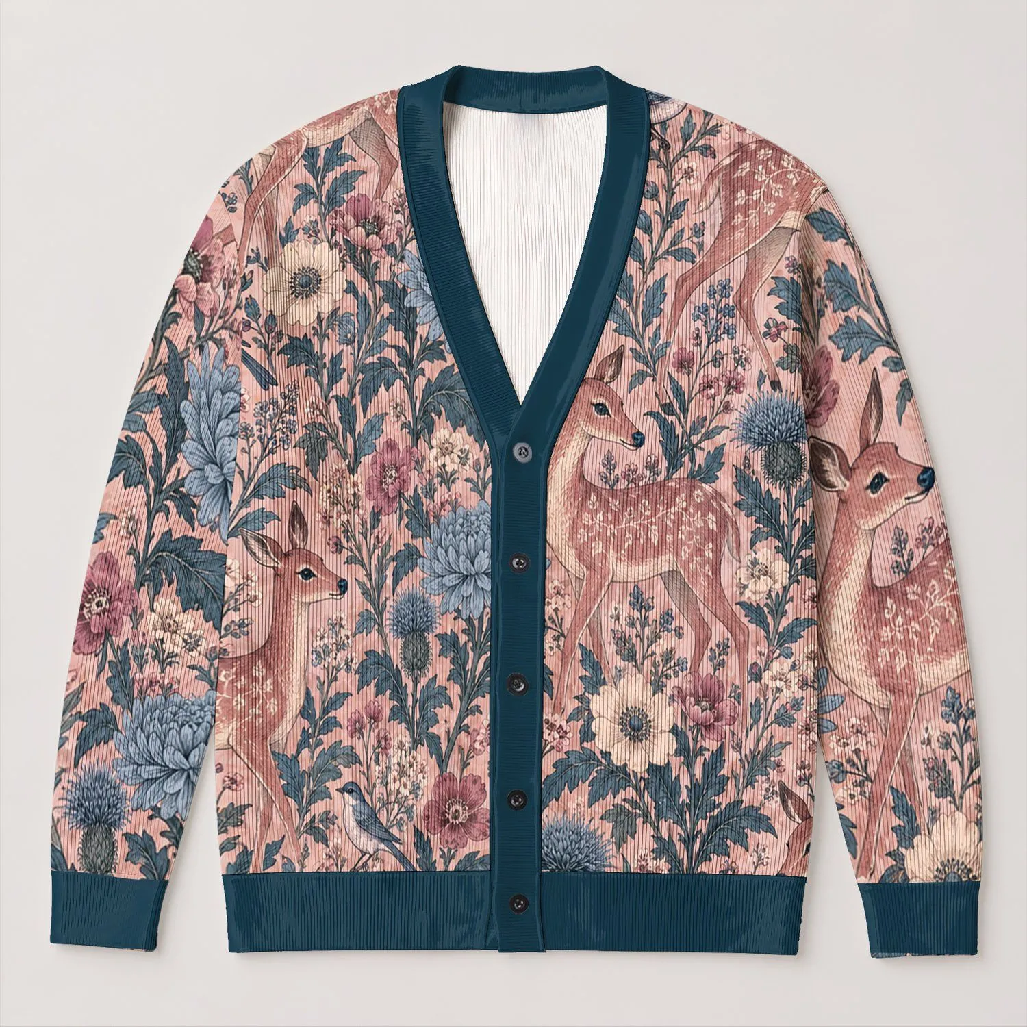 Floral Deer Bird Garden Motif for Relaxed Everyday Layering, Women’s Blue Pink Style All-over Print Knitted Cardigan - 1