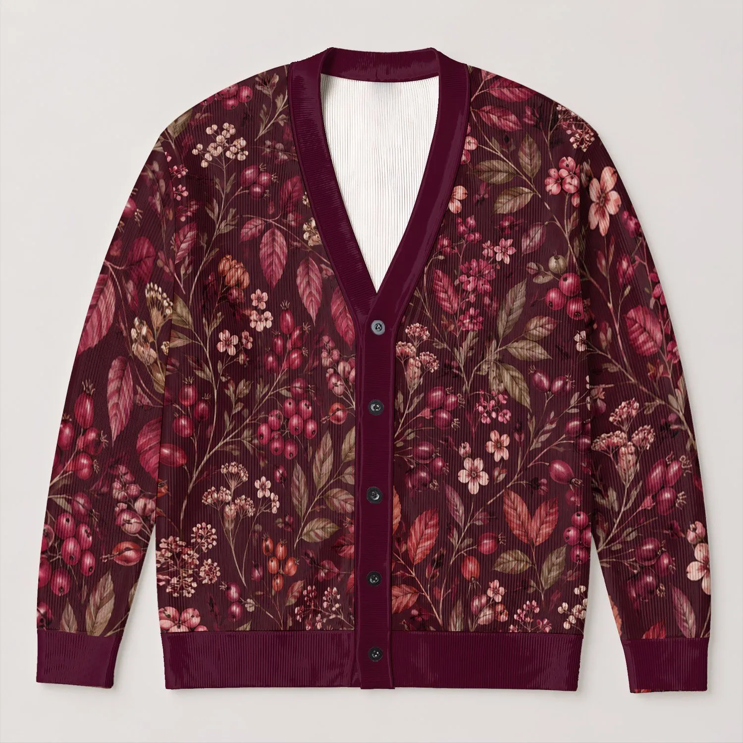 Burgundy Botanical Florals, Romantic Garden Style for Autumn Gatherings and Layering All-over Print Knitted Cardigan - 1