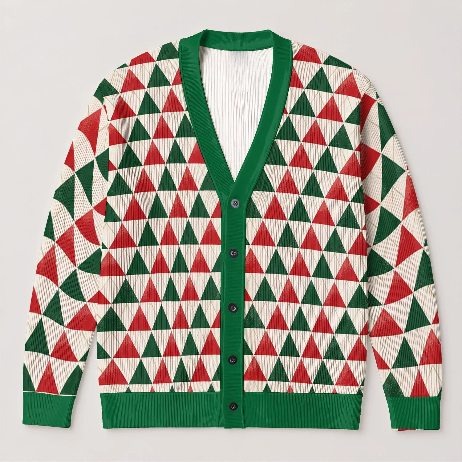 Red Green Triangle Geometry For Festive Layering And Everyday Style For Women At Home All-over Print Knitted Cardigan - 1