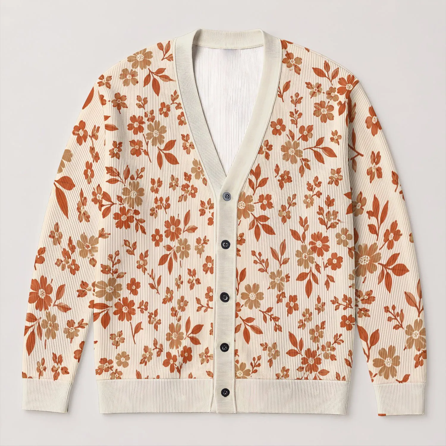 Rust Orange Floral Blooms for Cozy Autumn Layering, Women’s Everyday Fall Wardrobe All-over Print Knitted Cardigan - 1