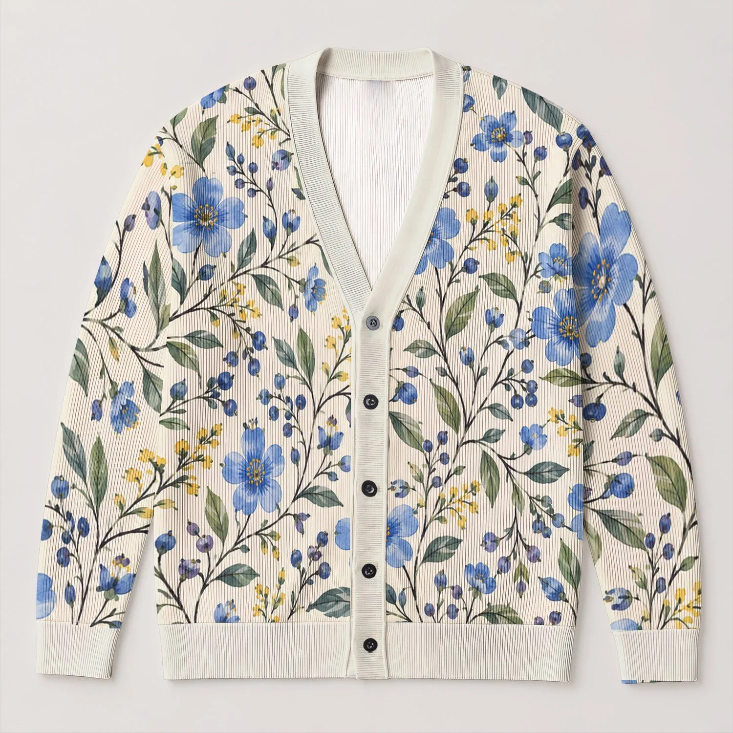 Blue Wildflower And Green Foliage Motif For Everyday Layering, Women's Plus Size All-over Print Knitted Cardigan - 1