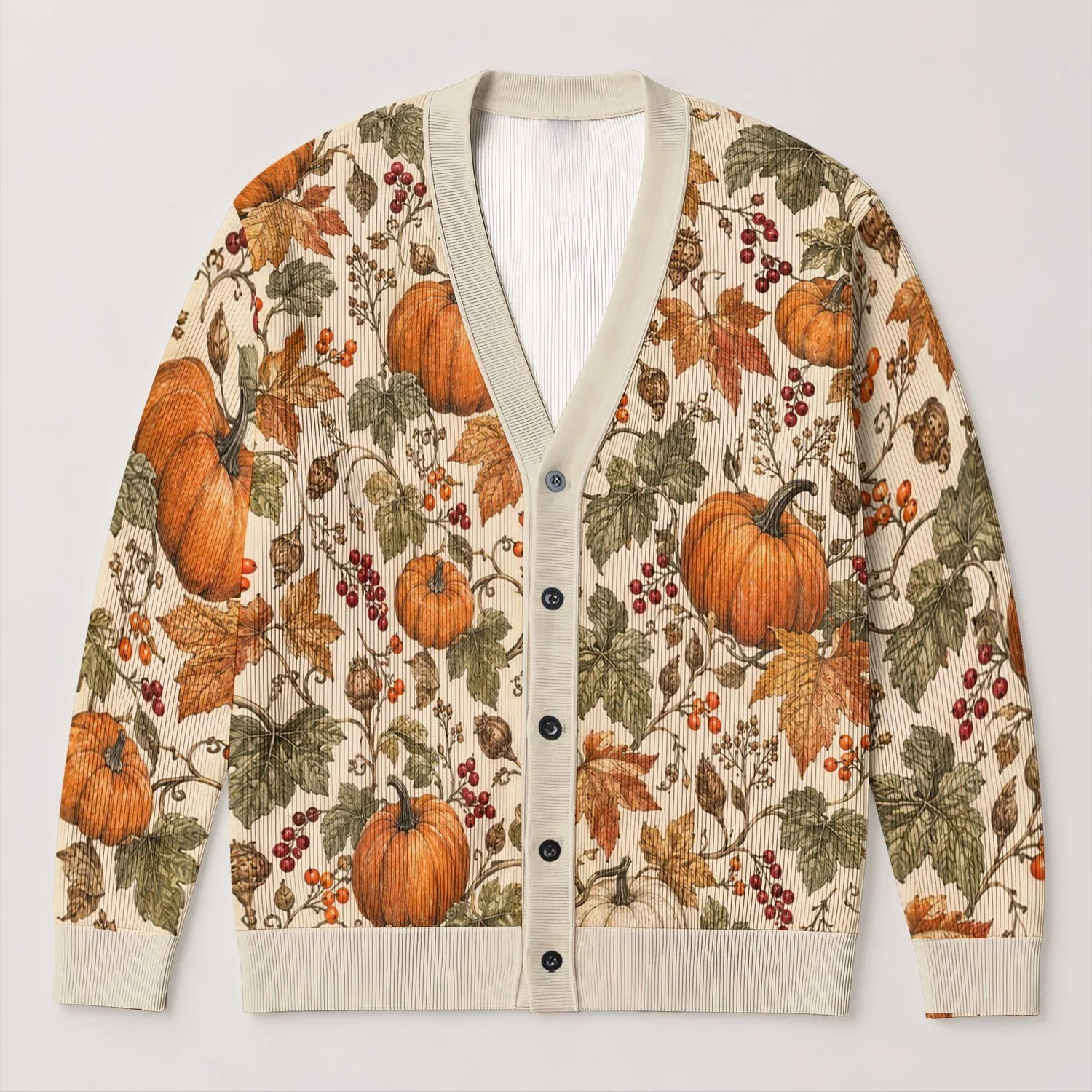 Pumpkin Vine Harvest Motifs for Cozy Autumn Gatherings and Everyday Layering for Women All-over Print Knitted Cardigan - 1