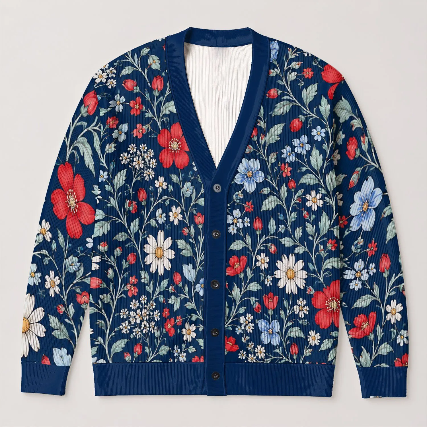 Navy Red Botanical Blooms For Everyday Layering And Autumn Gatherings For Modern Women All-over Print Knitted Cardigan - 1