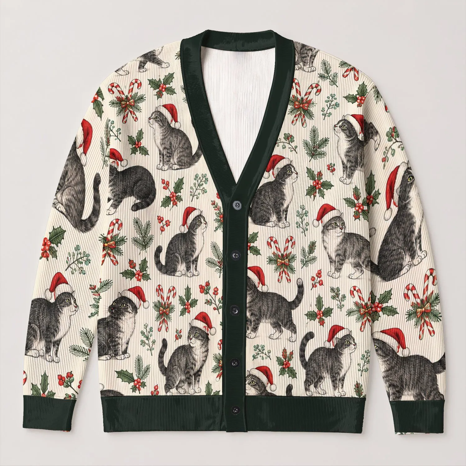 Santa Hat Cat Motifs And Candy Canes For Cozy Christmas Holiday Celebrations For Women All-over Print Knitted Cardigan - 1