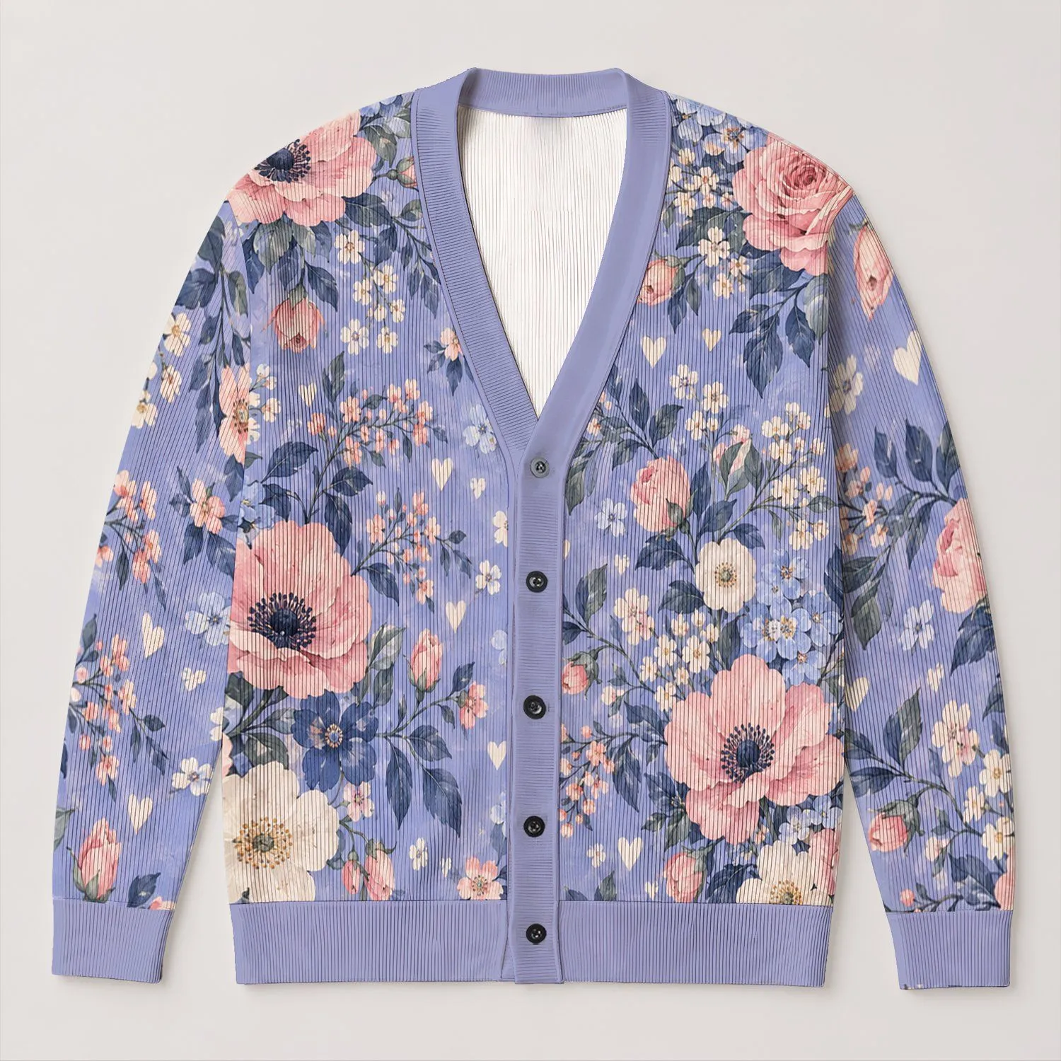 Pastel Lavender Floral Blooms for Spring Layering and Everyday Casual Style for Women All-over Print Knitted Cardigan - 1