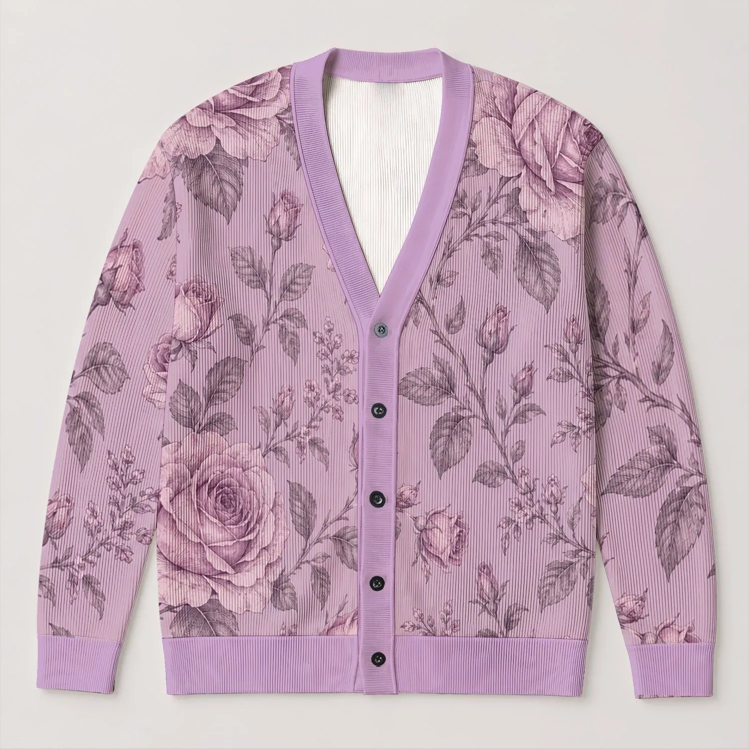 Lavender Rose And Leaf Botanical Motif For Everyday Layering, Feminine Gifts For Women All-over Print Knitted Cardigan - 1