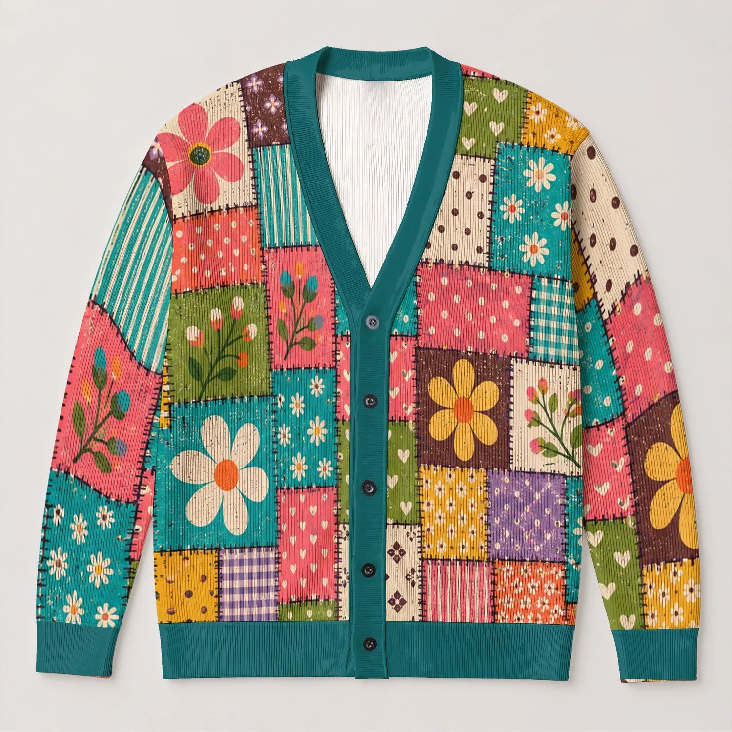 Colorful Patchwork Florals For Everyday Layering And Commuting, Women’s Casual Style All-over Print Knitted Cardigan - 1